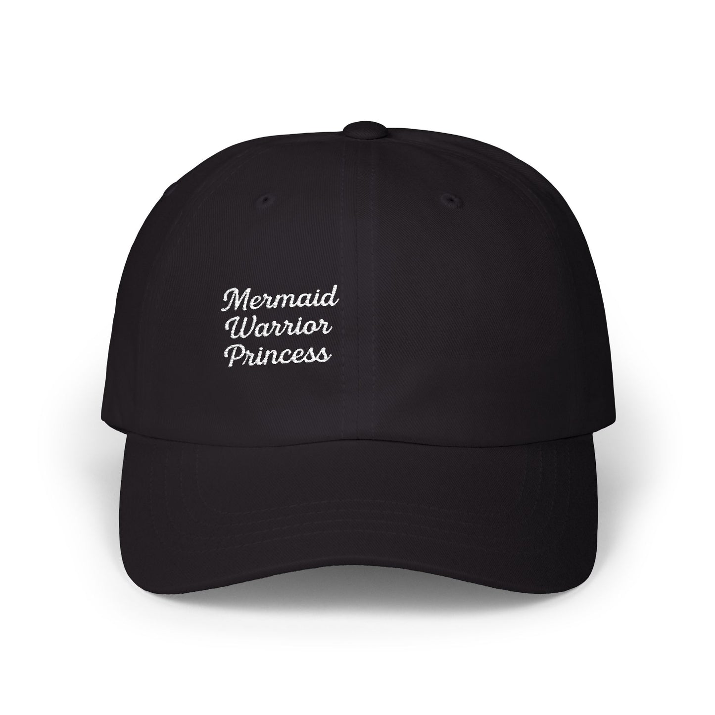 Mermaid Warrior Princess Embroidered Classic Dad Hat – Bold Text Hat for Ocean Queens, Fantasy Fans, and Fierce Beach Style, White Letters
