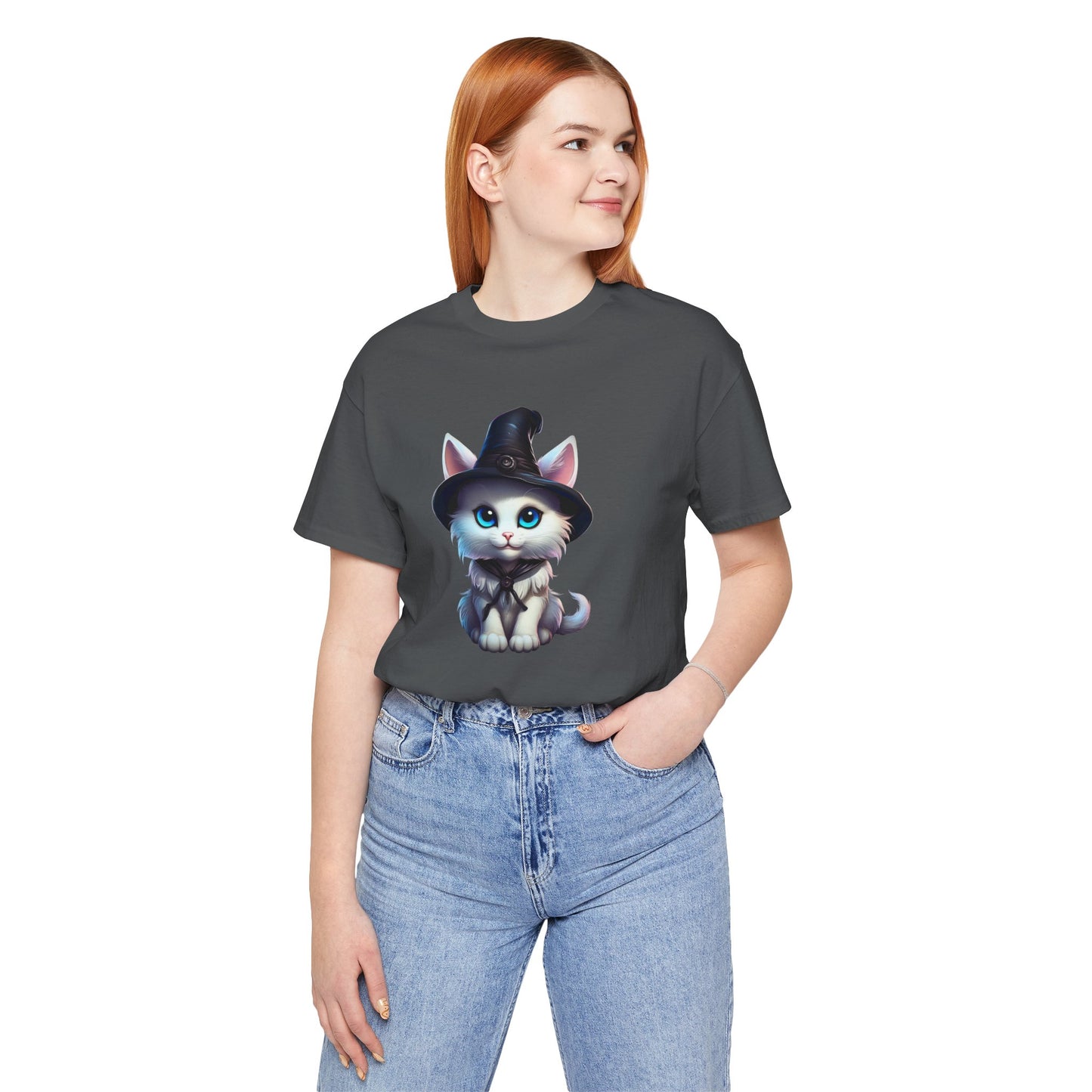 Adorable Witch Cat Halloween Shirt – Cute White Cat in Hat Graphic Tee for Cat Lovers and Halloween Fans