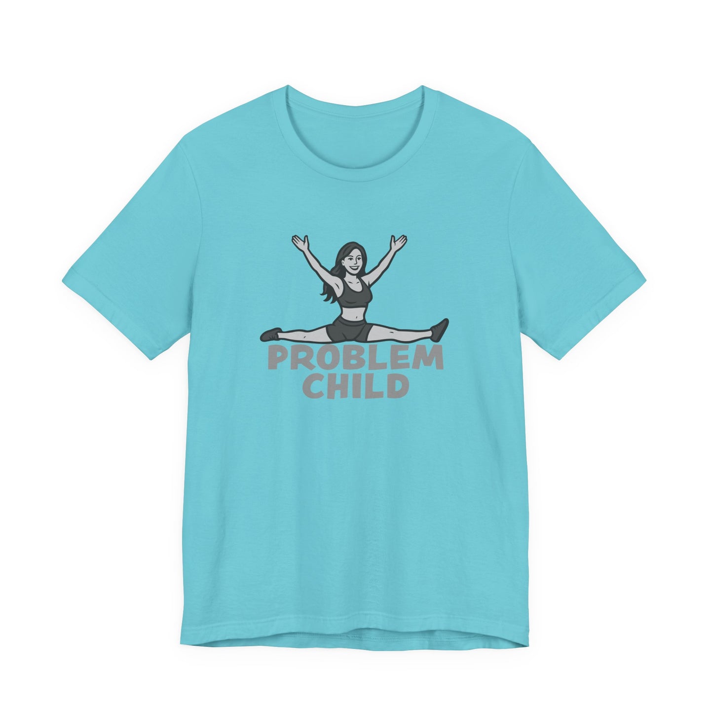 Problem Child Graphic Tee Cheerful Rebel Jump Pose in Bold Dark Theme Monochrome Style. Unisex Jersey Short Sleeve Tee