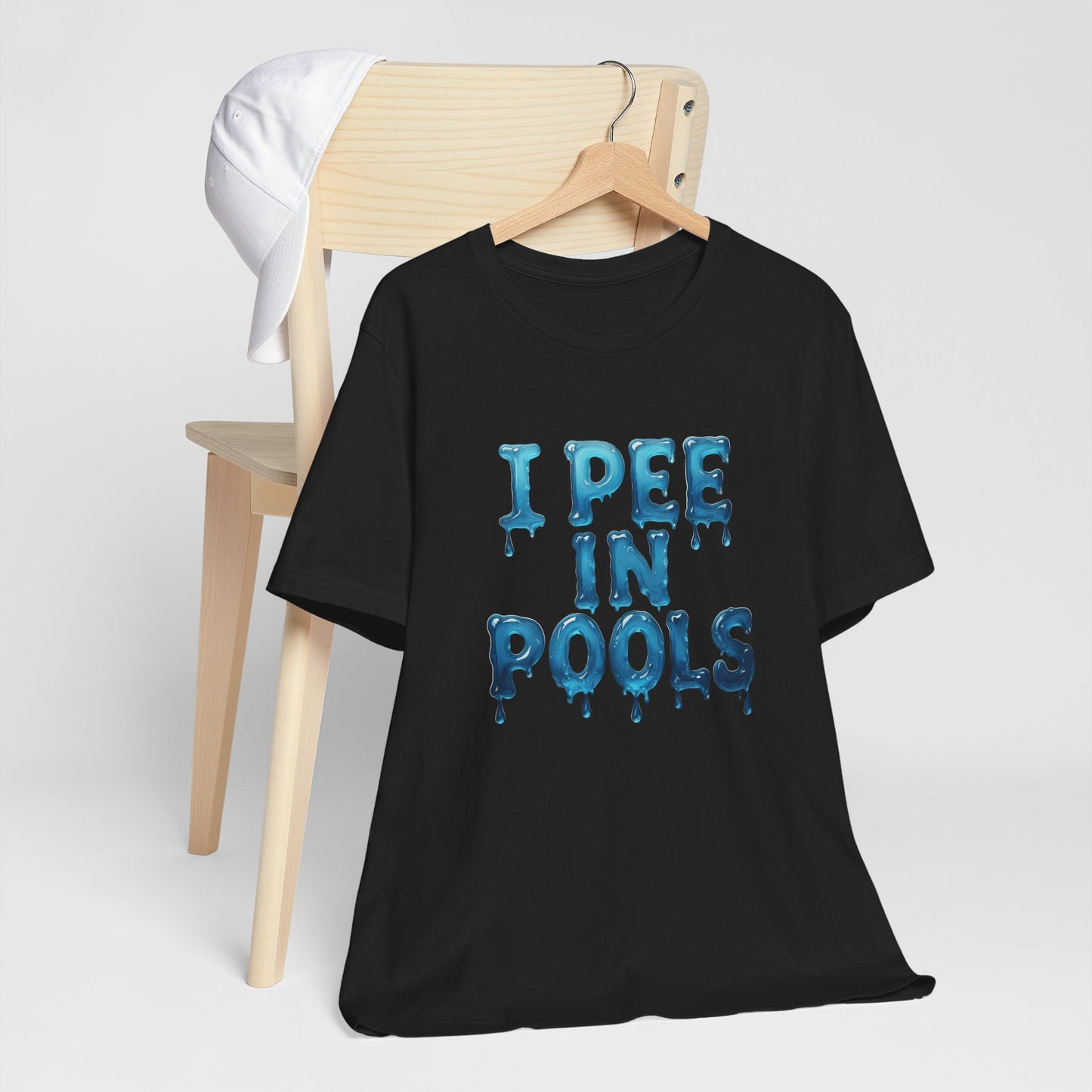 Colorful Design Funny Pool Shirt – "I Pee in Pools" Drippy Water Text Tee for Swimmers with No Shame. Unisex Jersey Short Sleeve Tee
