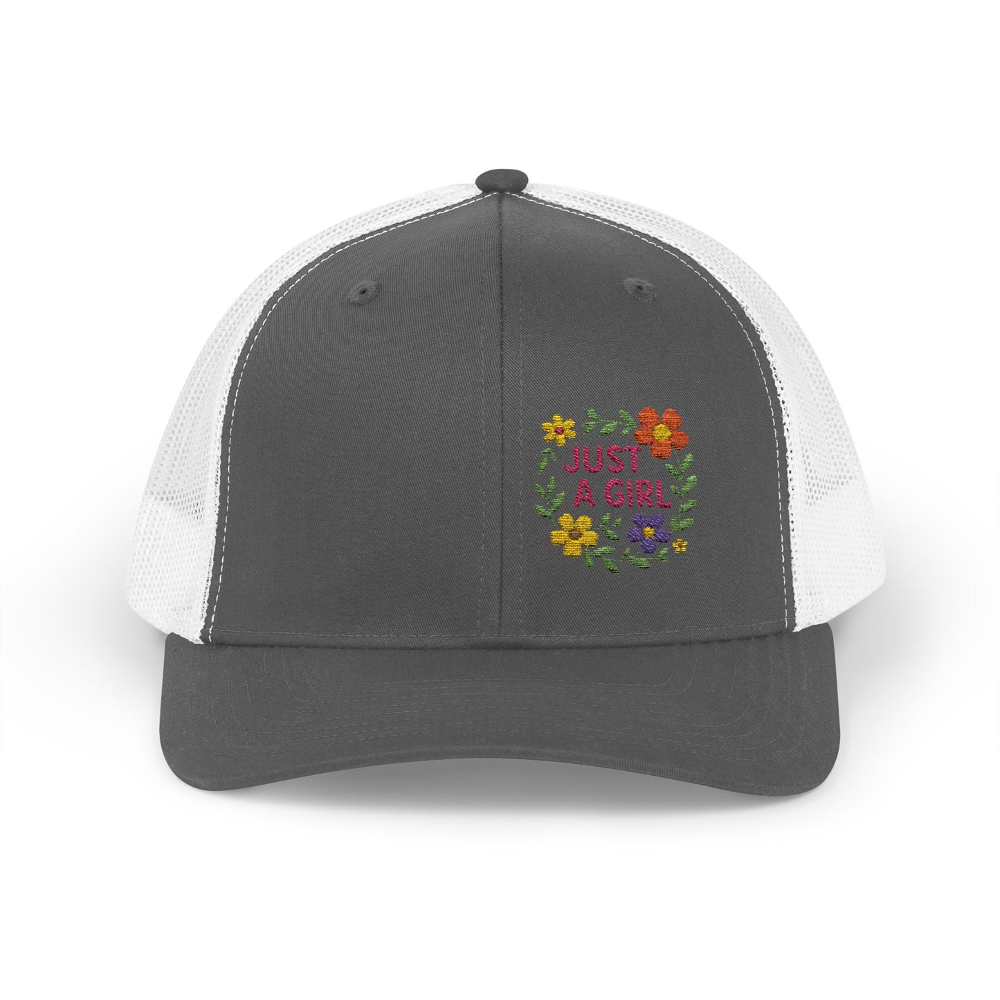 Just a Girl Trucker Hat – Colorful Floral Text Hat with Bold Feminine Style and Summer Vibes