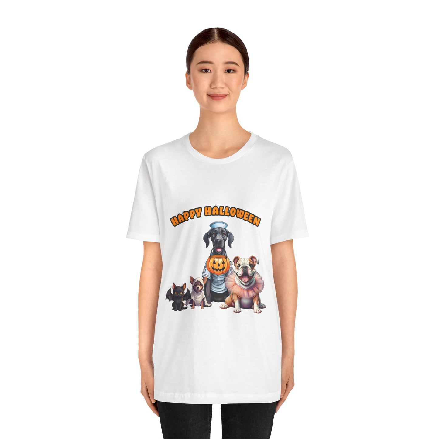 Happy Halloween Pet Parade Shirt – Cute Halloween Dogs and Cat in Costumes. Unisex Jersey Short Sleeve Tee