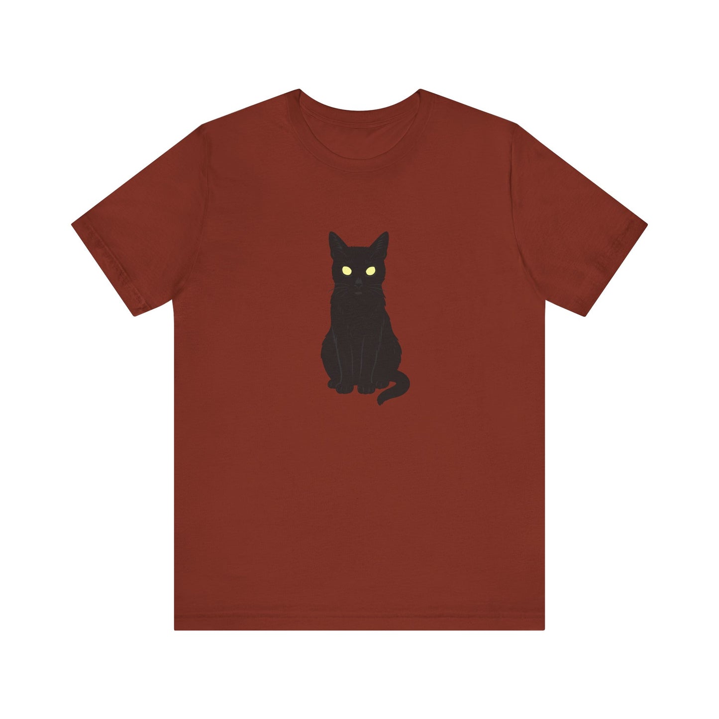 Glowing-Eyed Black Cat Shirt – Dark Theme Feline Stare for Maximum Spook and Minimal Effort. Unisex Jersey Short Sleeve Tee