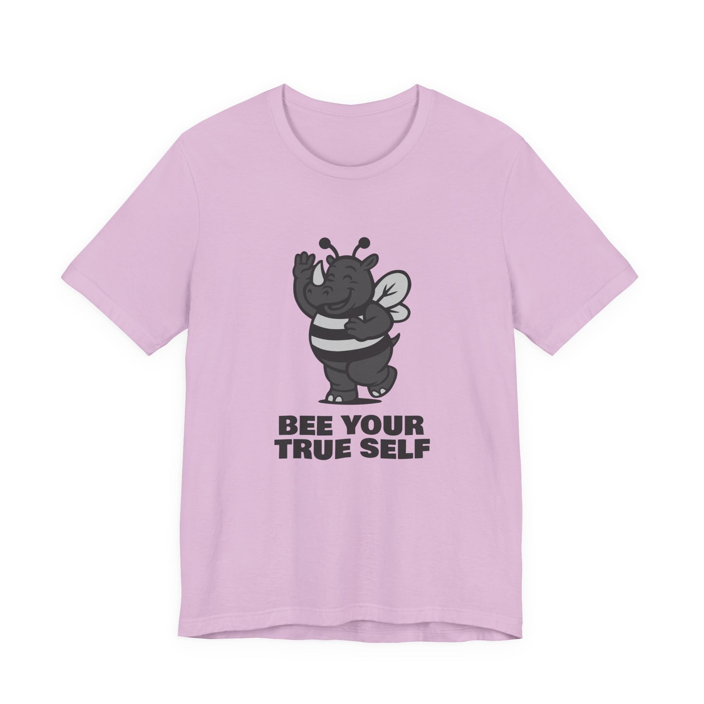 Bee Your True Self T-Shirt – Dark Theme Grayscale Rhino in Bee Costume on Black Tee with Wholesome Humor and Self-Expression Message. Unisex Jersey Short Sleeve Tee