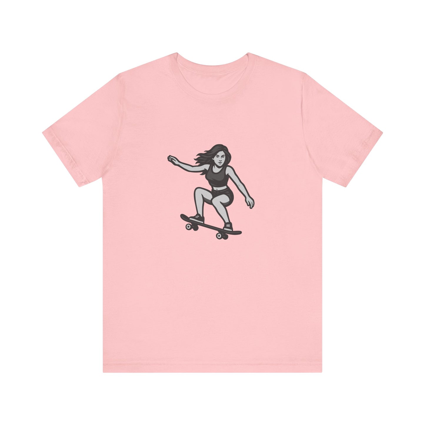 Skater Girl Graphic T-Shirt – Dark Theme Grayscale Skateboarding Design on Black Tee with Bold Motion and Modern Ghost Effect. Unisex Jersey Short Sleeve Tee