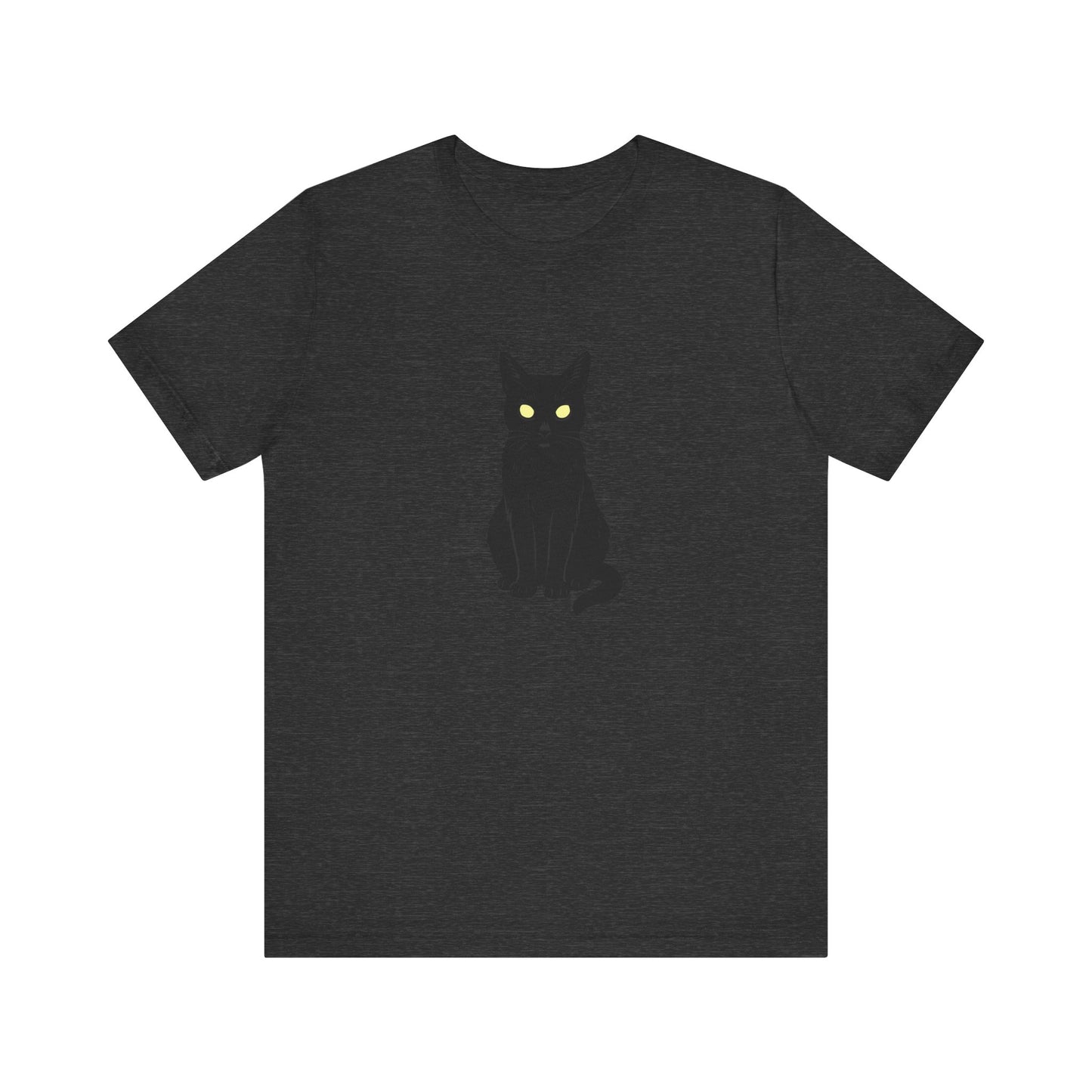 Glowing-Eyed Black Cat Shirt – Dark Theme Feline Stare for Maximum Spook and Minimal Effort. Unisex Jersey Short Sleeve Tee
