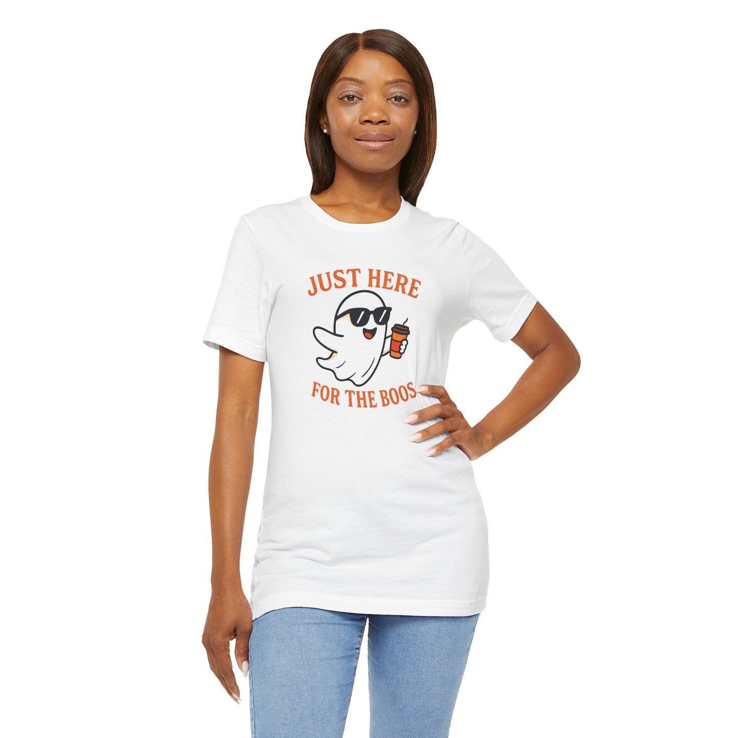 Just Here for the Boos Halloween Shirt – Funny Ghost Drinking Coffee Graphic Tee for Spooky Season