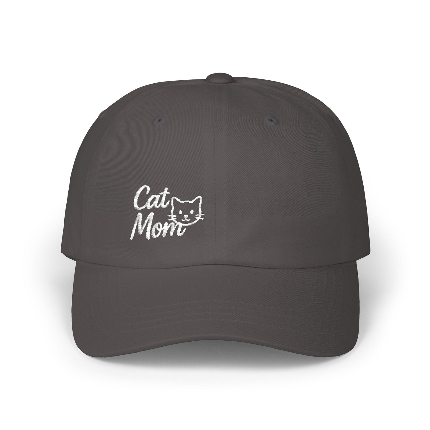 Cat Mom Classic Dad Hat – Embroidered Minimalist Cat Face Hat for Feline-Loving Women with Style. White Letters