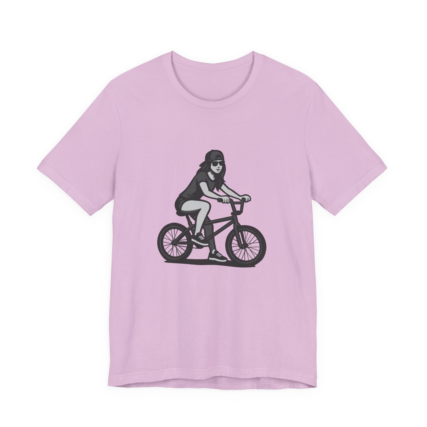 Cool Girl on Bike Graphic T-Shirt – Laid-Back Dark Theme Grayscale Rider Design on Black Tee with Street Style and Subtle Modern Ghost Effect. Unisex Jersey Short Sleeve Tee