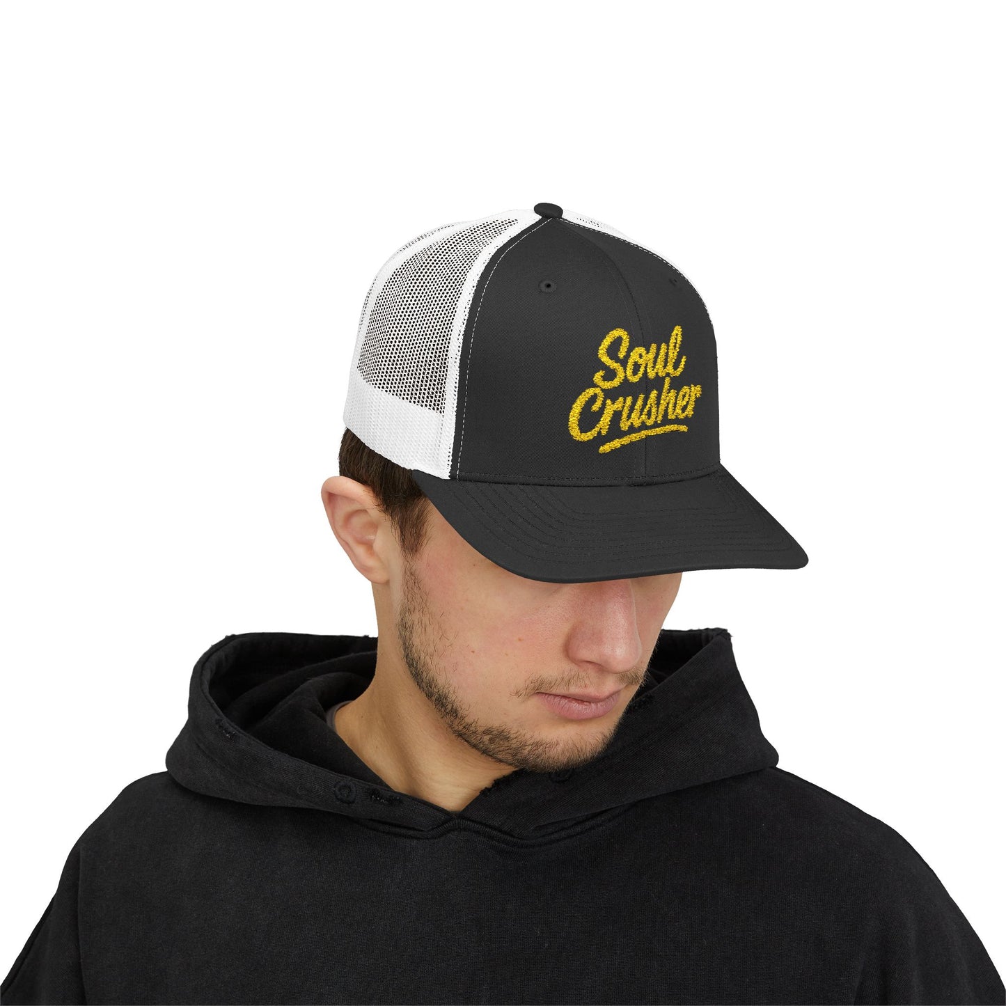 Soul Crusher Trucker Hat – Clean Script Hat with Bold Edge for Heartbreakers, Villains, and Power Moves. Yellow Letters