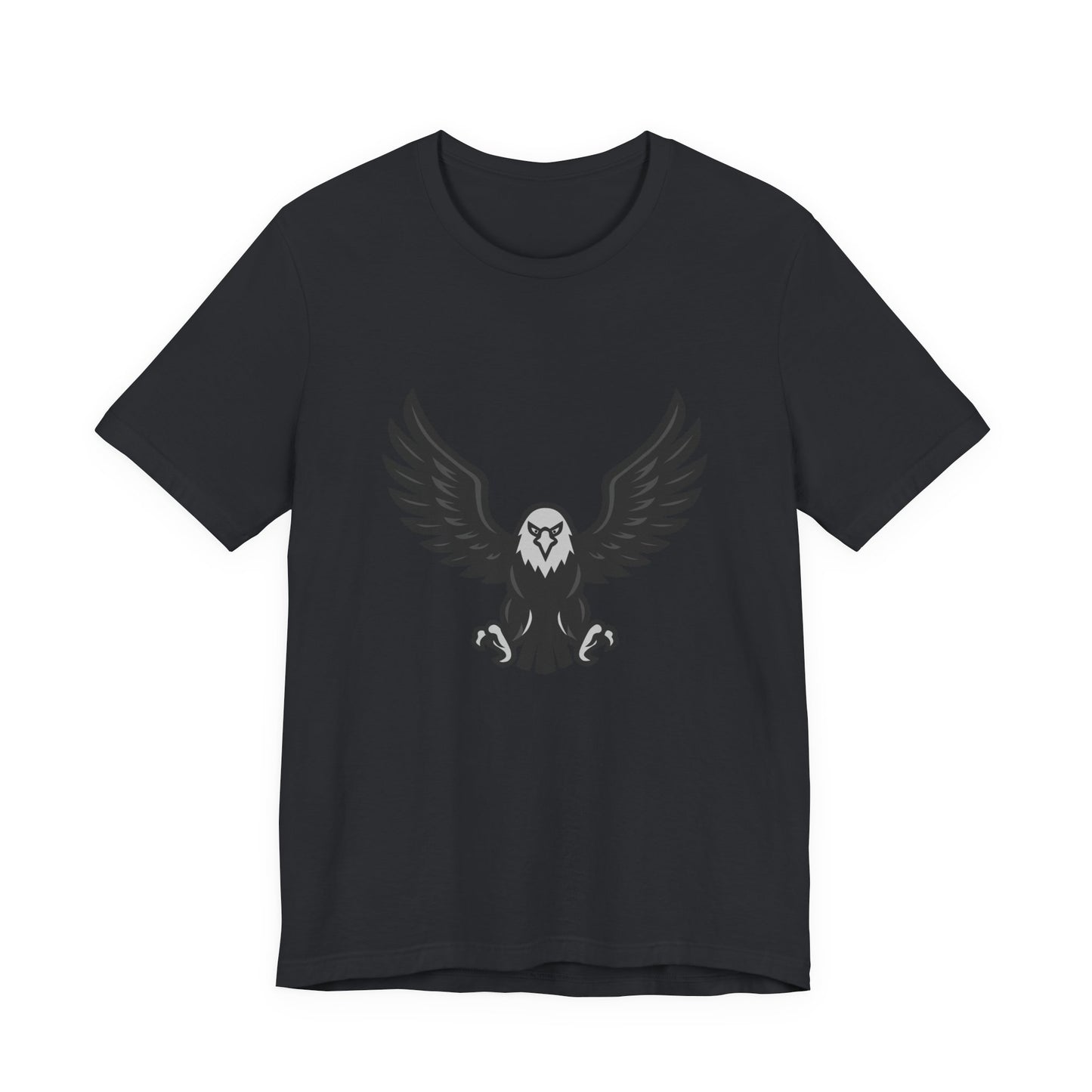 Eagle Wings Graphic T-Shirt – Dark Theme Grayscale Soaring Predator Design on Black Tee with Intensity and Modern Ghost Effect. Unisex Jersey Short Sleeve Tee