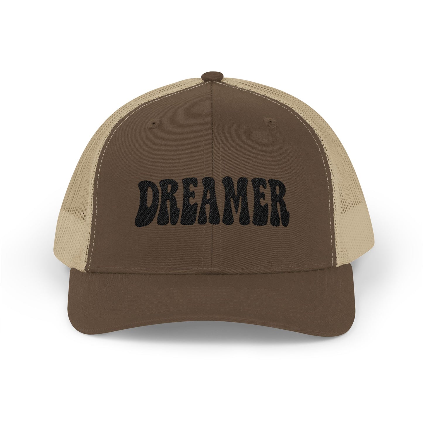 Dreamer Trucker Hat – Embroidered Minimalist Script Hat for Visionaries, Creatives, and Chill Daydreamers. Black Letters