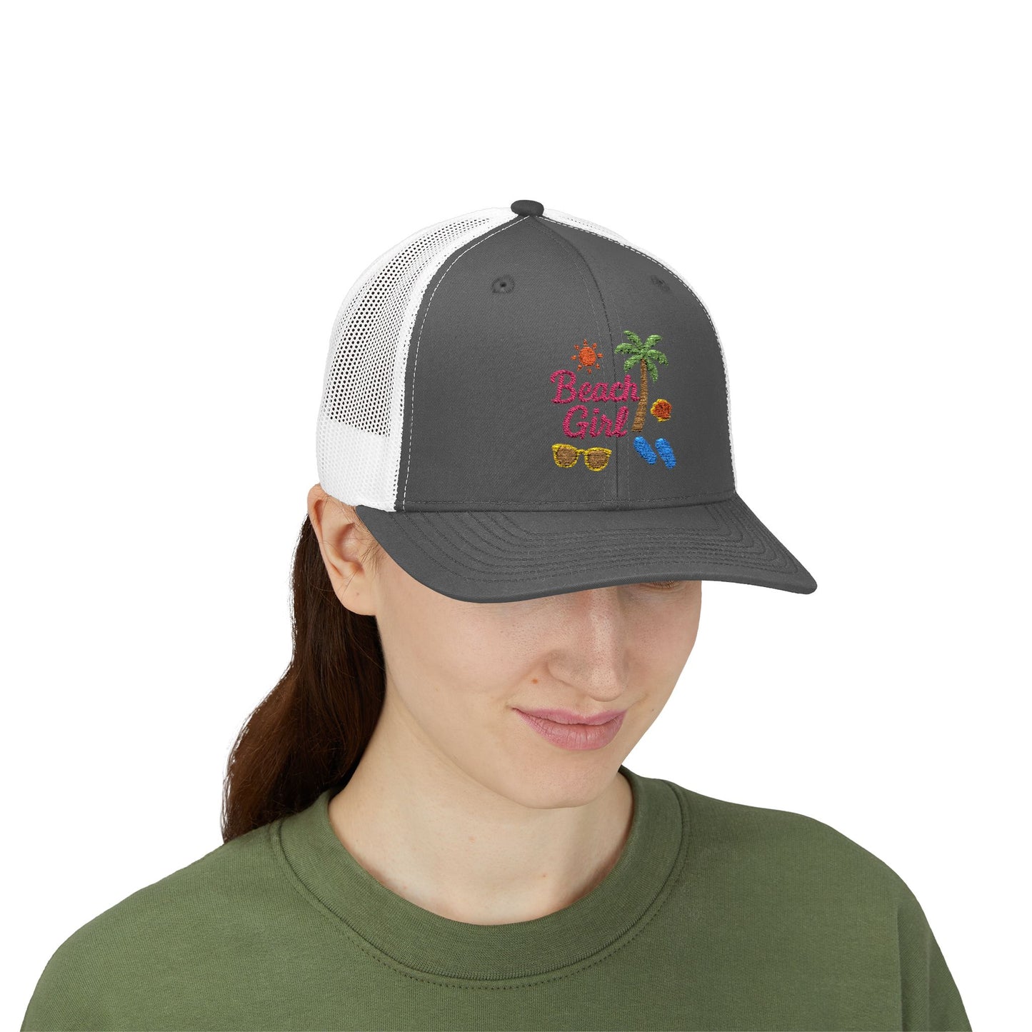 Beach Girl Trucker Hat – Embroidered Summer Vibes Hat for Coastal Queens