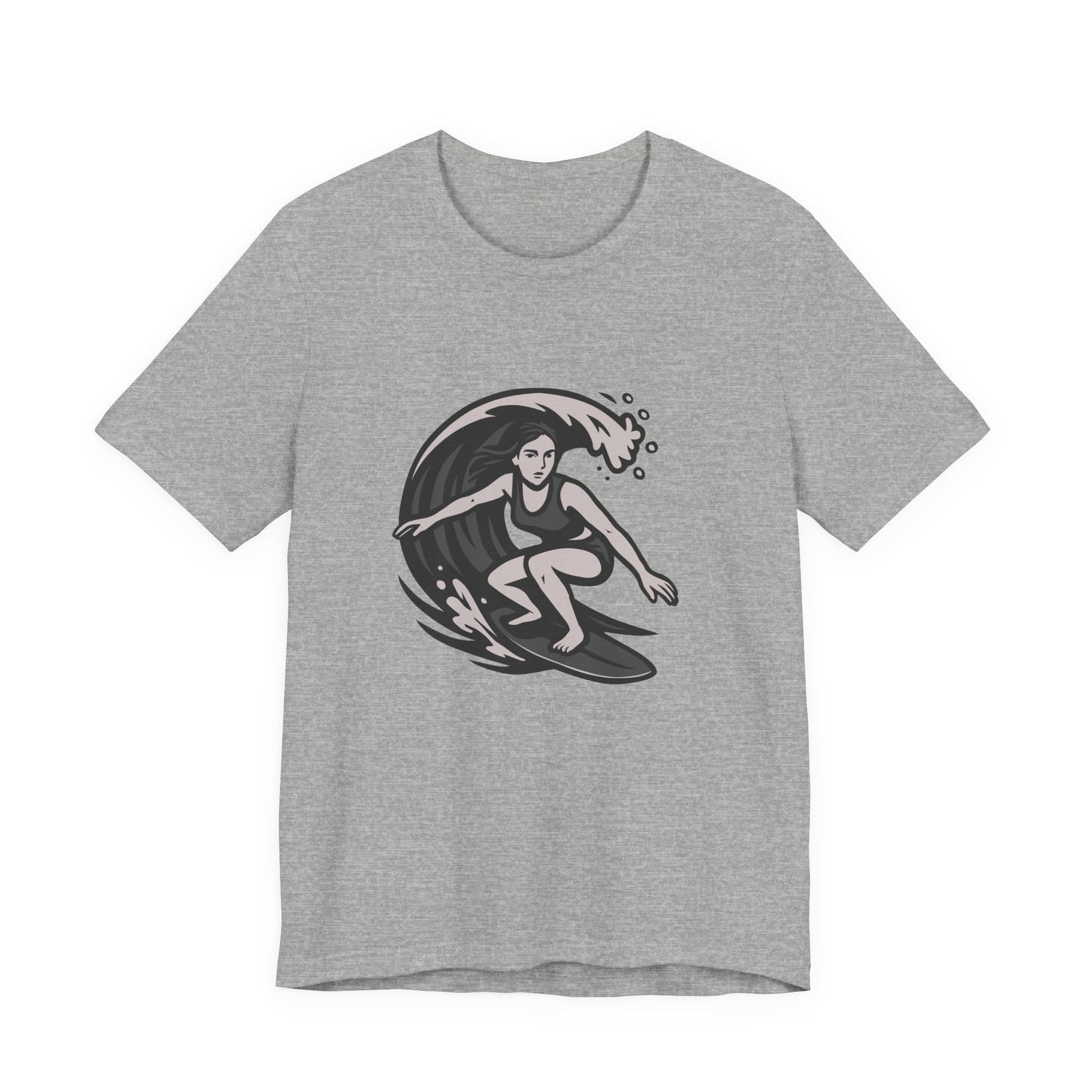 Surf Girl Graphic T-Shirt – Dark Theme Grayscale Female Surfer Riding Wave on Black Tee with Flow State Energy and Modern Ghost Effect. Unisex Jersey Short Sleeve Tee