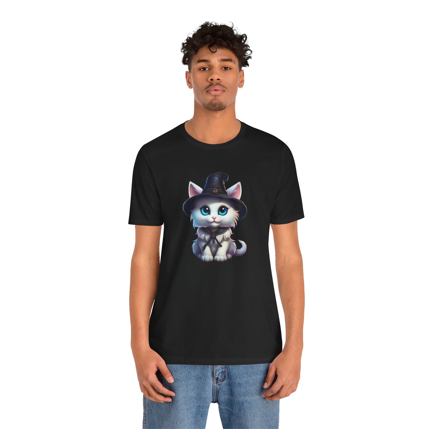 Adorable Witch Cat Halloween Shirt – Cute White Cat in Hat Graphic Tee for Cat Lovers and Halloween Fans