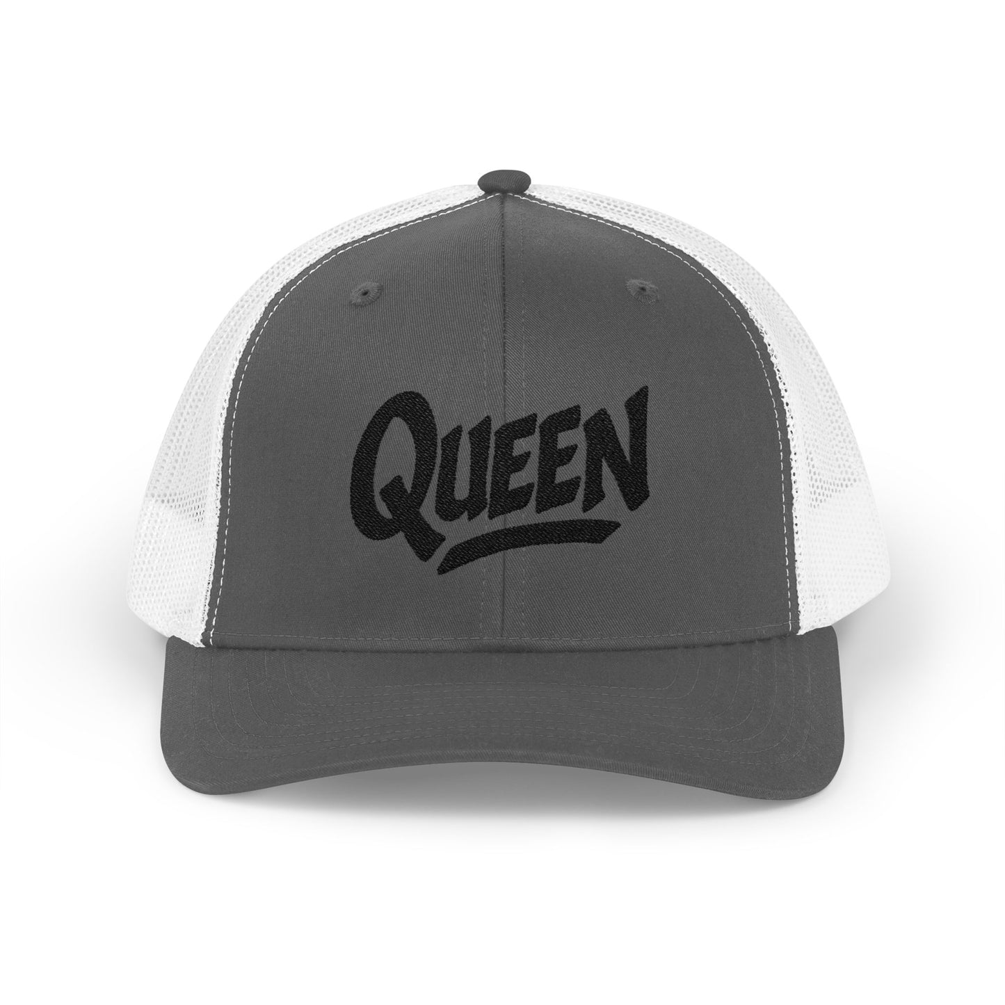 Queen Trucker Hat – Embroidered Crown Hat for Confident Women. Black Letters