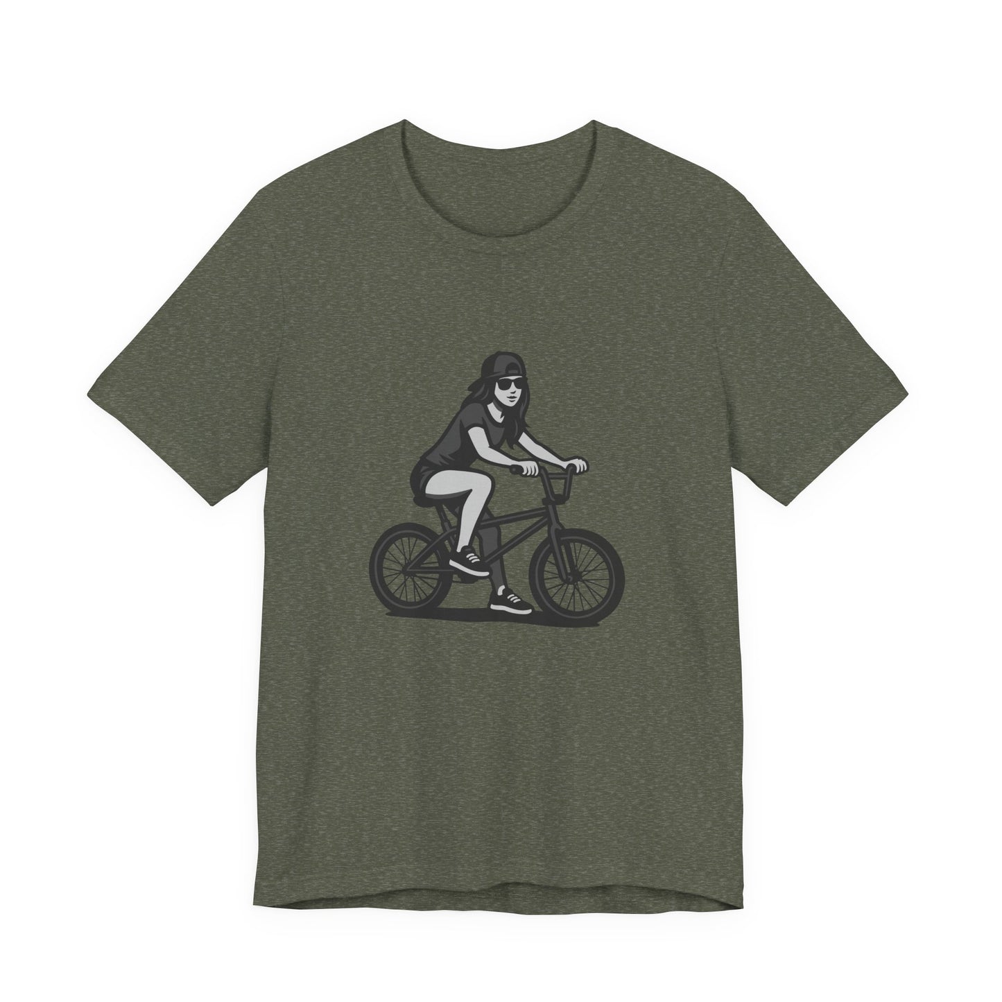Cool Girl on Bike Graphic T-Shirt – Laid-Back Dark Theme Grayscale Rider Design on Black Tee with Street Style and Subtle Modern Ghost Effect. Unisex Jersey Short Sleeve Tee