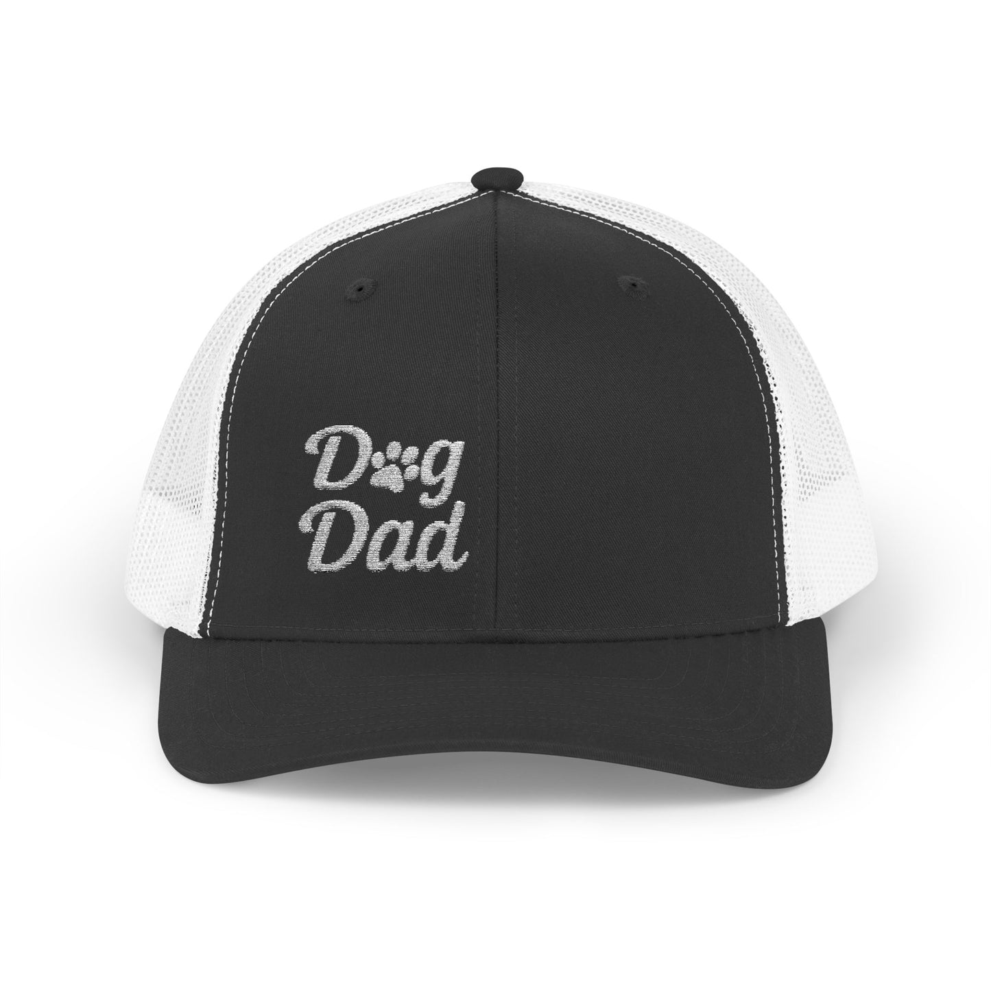 Dog Dad Trucker Hat – Embroidered Minimalist Dog Face Hat for Proud Pet Dads and Canine Companions. White Letters