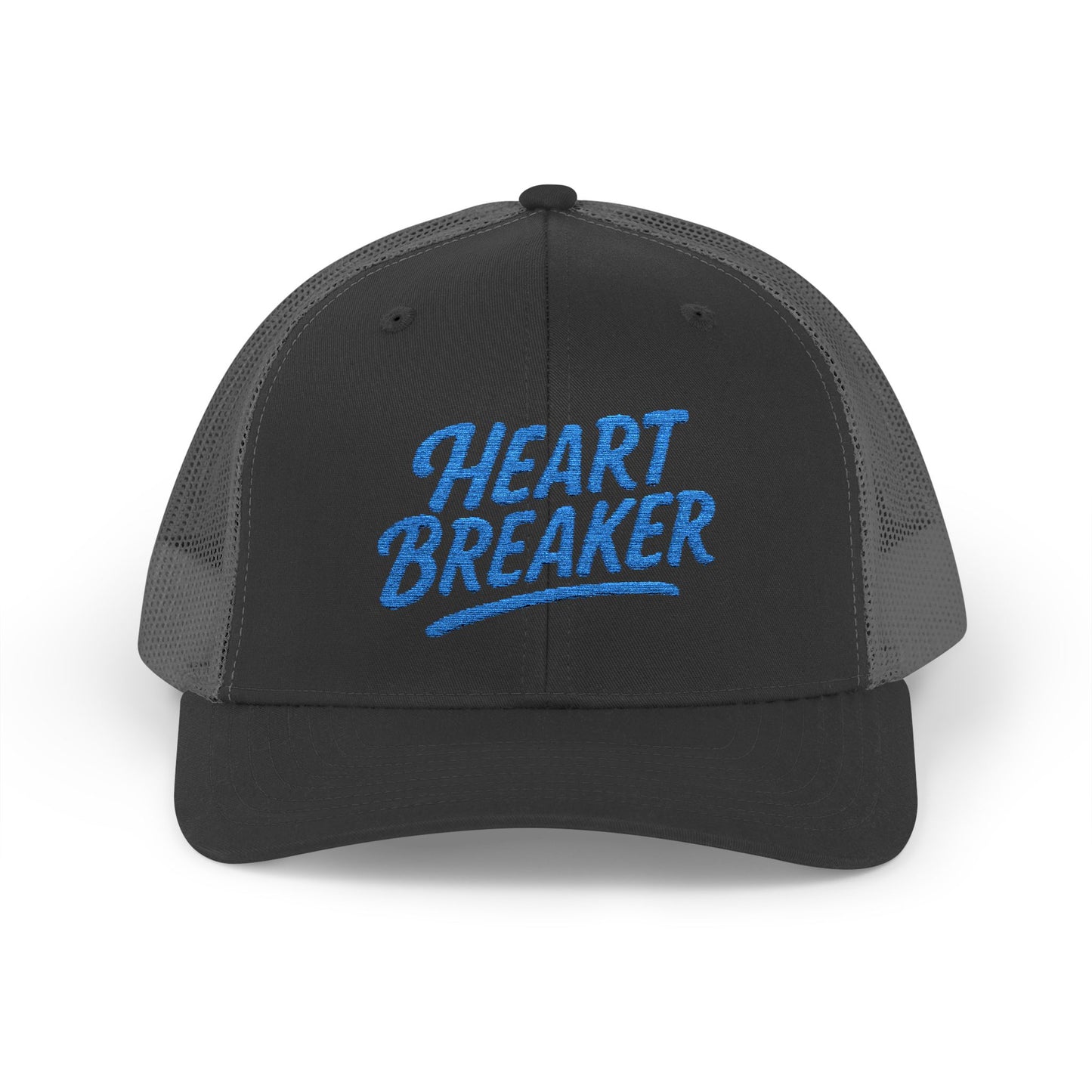Heartbreaker Trucker Hat – Bold Baseball Hat with Retro Script and Broken Heart Design for Confident Rule-Breakers. Blue Letters