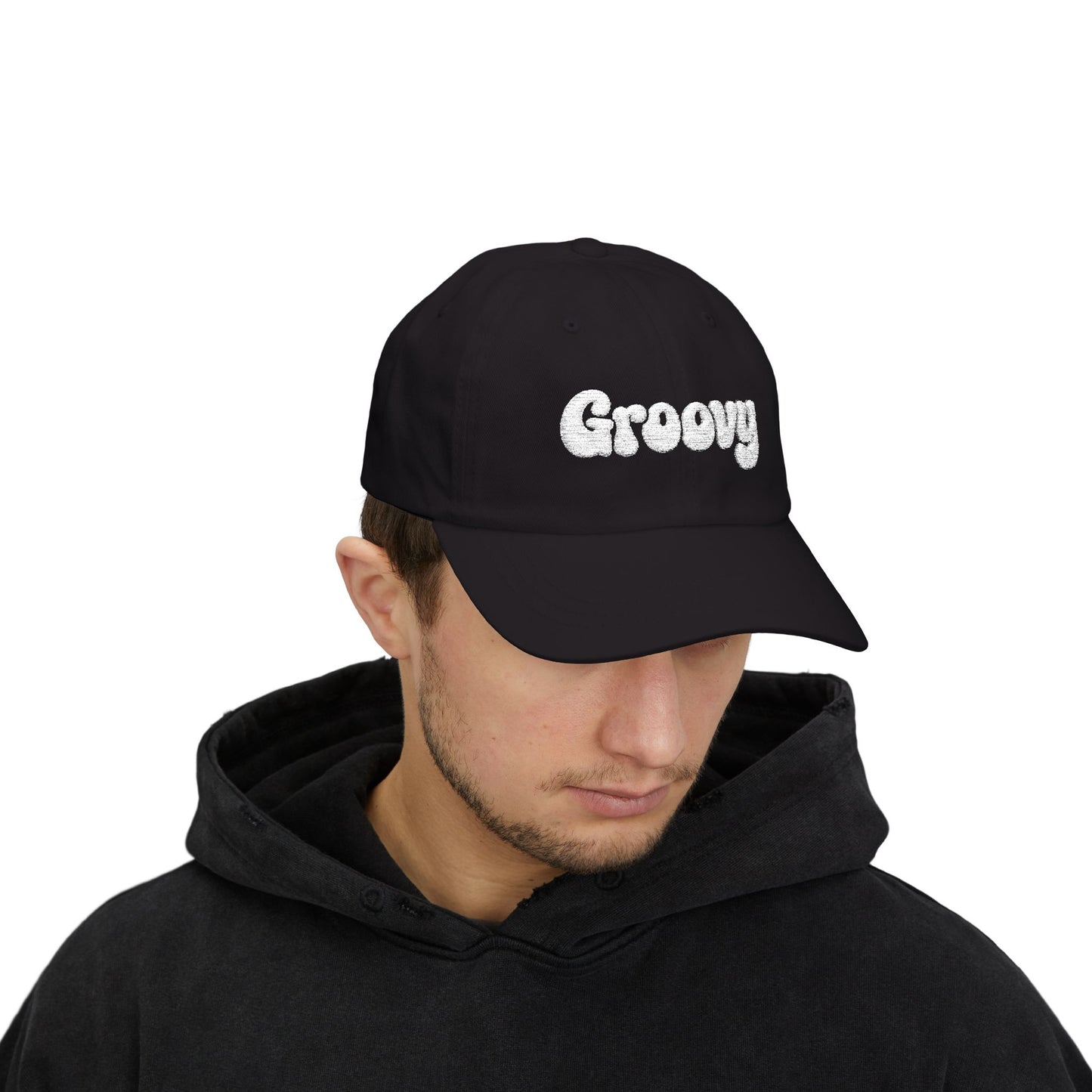 Groovy Classic Dad Hat – Retro Embroidered Hat with 70s Style Font for Funky Vibes, Chill Days, and Vintage Cool. White Letters