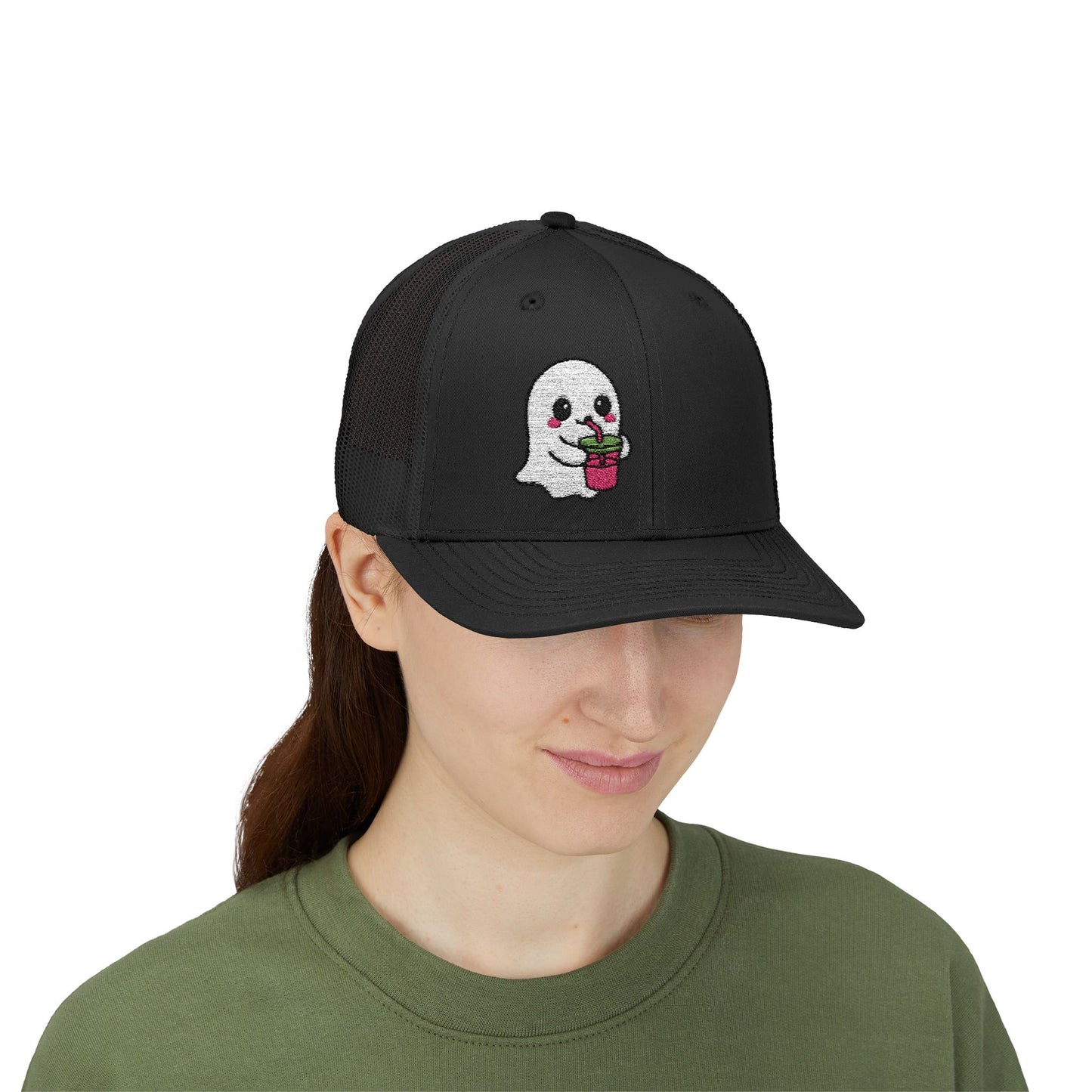 Cute Ghost Trucker Hat – Embroidered Kawaii Ghost Drinking Hat for Halloween Vibes and Everyday Boo Energy