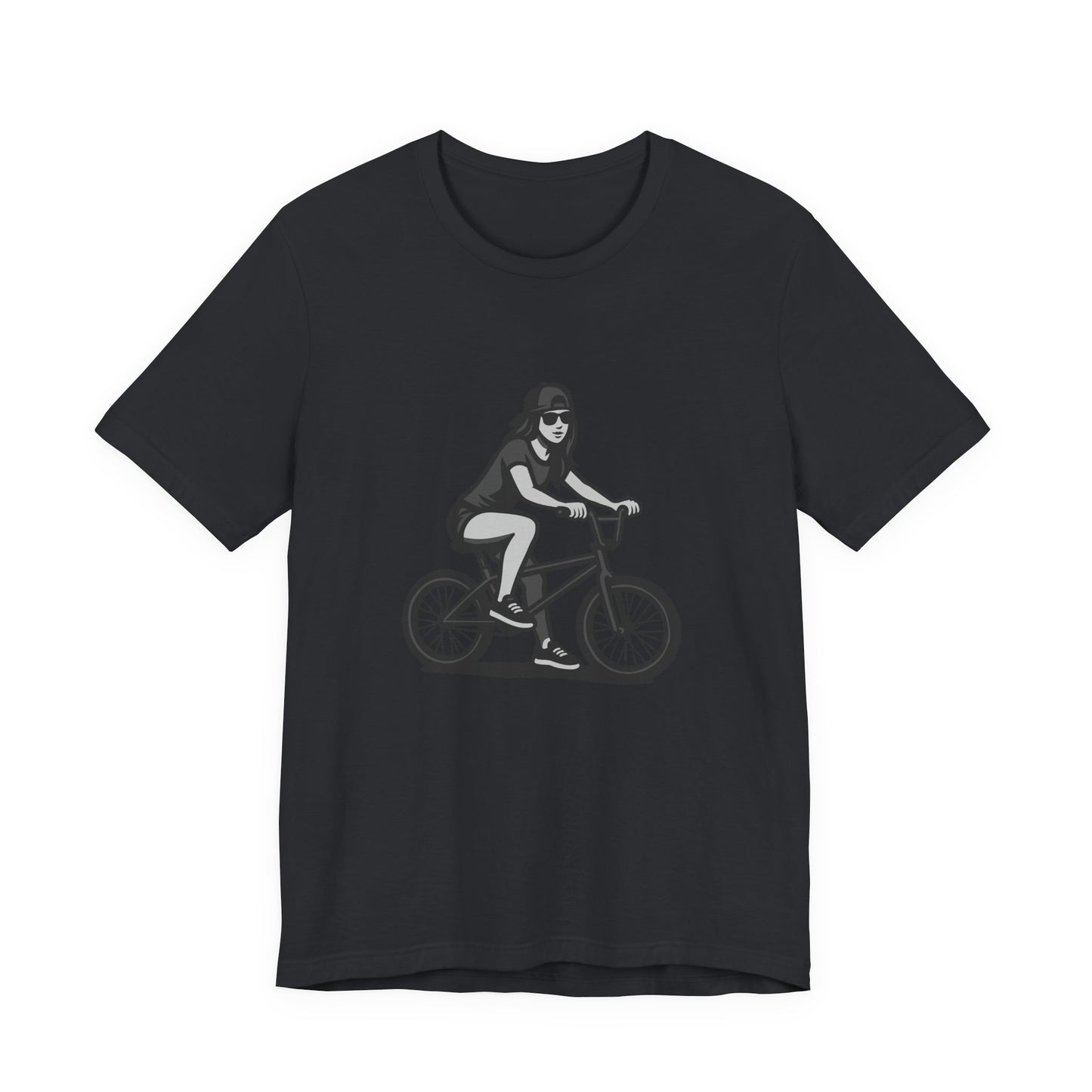 Cool Girl on Bike Graphic T-Shirt – Laid-Back Dark Theme Grayscale Rider Design on Black Tee with Street Style and Subtle Modern Ghost Effect. Unisex Jersey Short Sleeve Tee