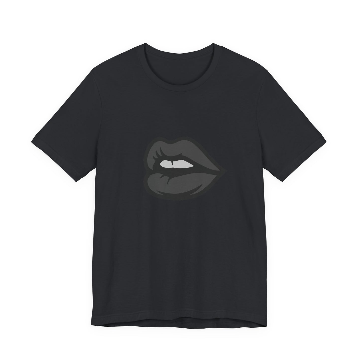 Dark Lips Graphic T-Shirt – Dark Theme Grayscale Biting Lip Design on Black Tee with Subtle Seduction and Modern Ghost Effect. Unisex Jersey Short Sleeve Tee