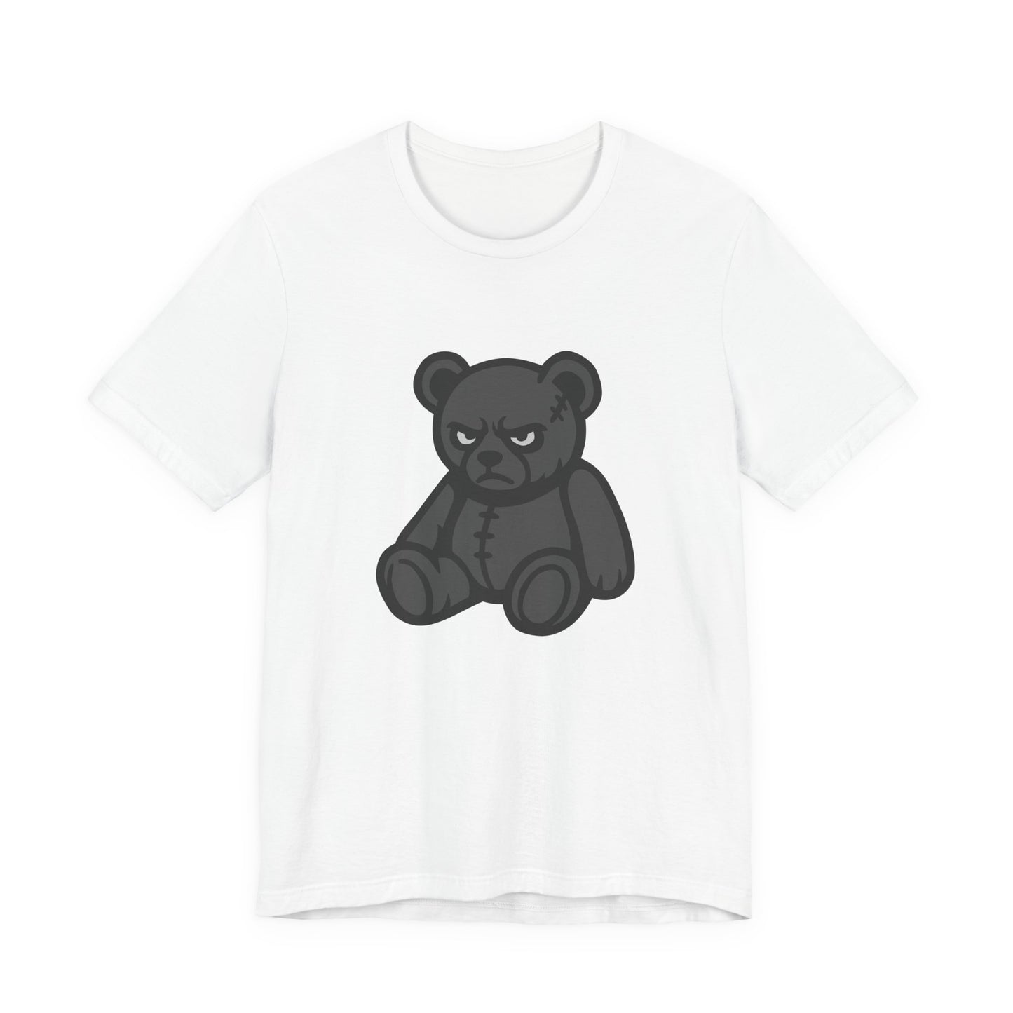 Angry Teddy Bear Graphic T-Shirt – Dark Theme Grayscale Plush with Attitude on Black Tee for Edgy or Ironic Style. Unisex Jersey Short Sleeve Tee