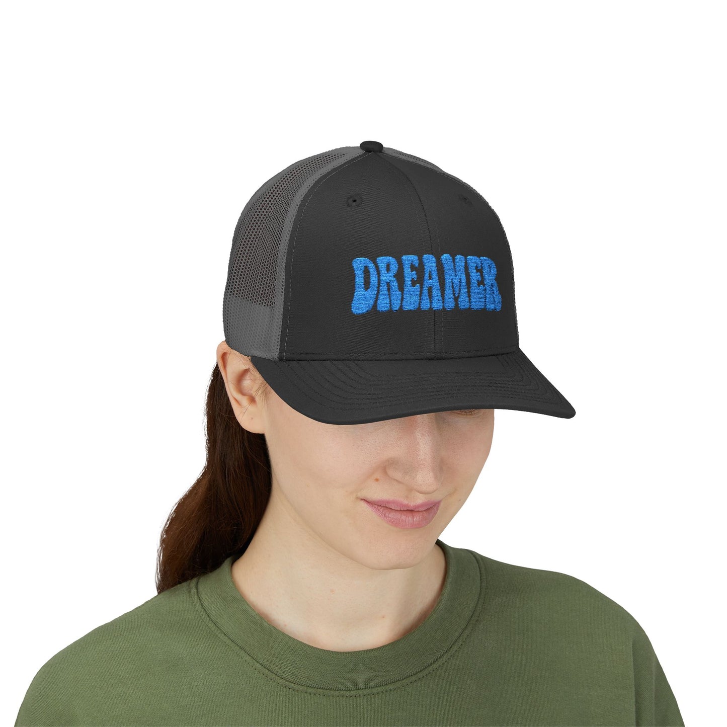 Dreamer Trucker Hat – Embroidered Minimalist Script Hat for Visionaries, Creatives, and Chill Daydreamers. Blue Letters