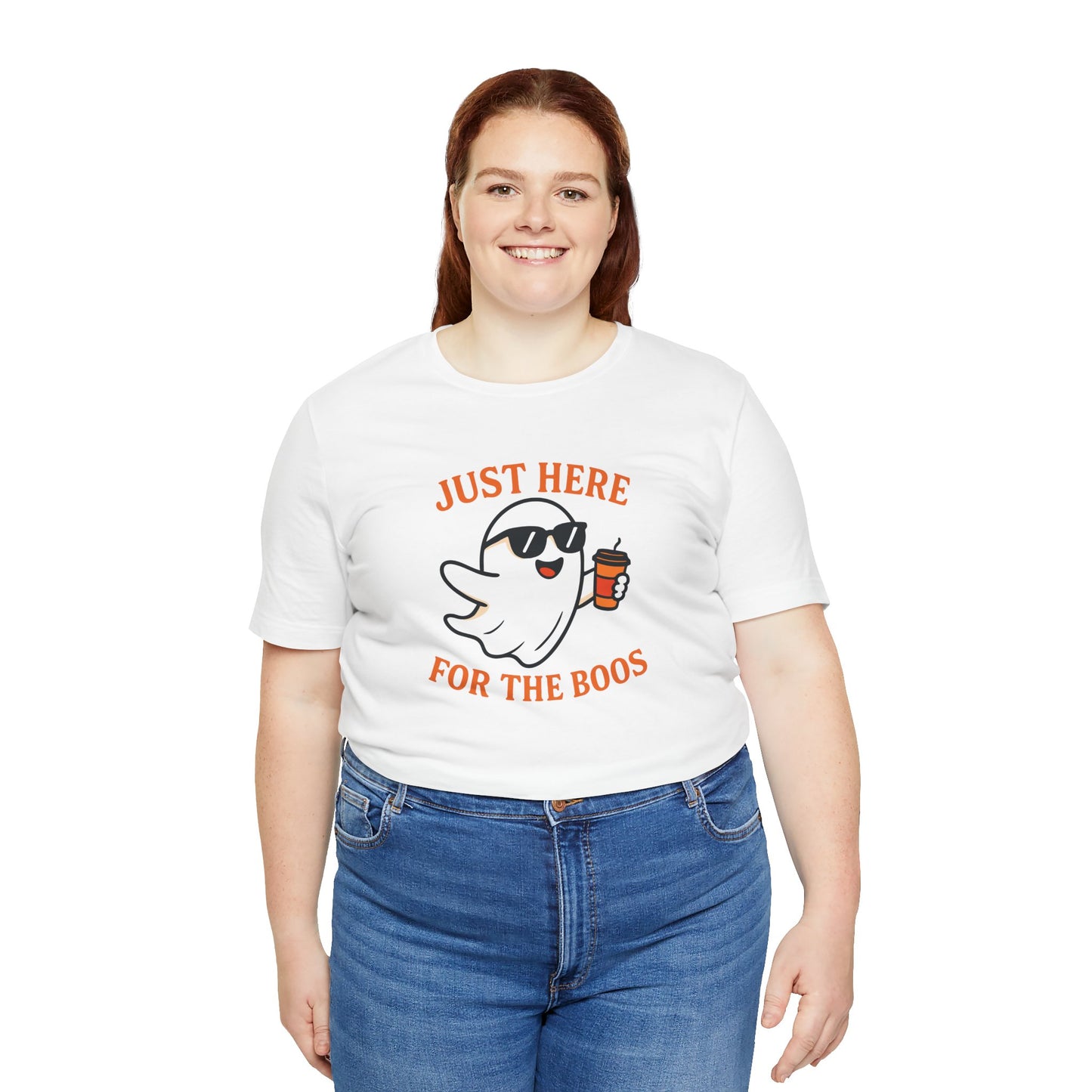 Just Here for the Boos Halloween Shirt – Funny Ghost Drinking Coffee Graphic Tee for Spooky Season
