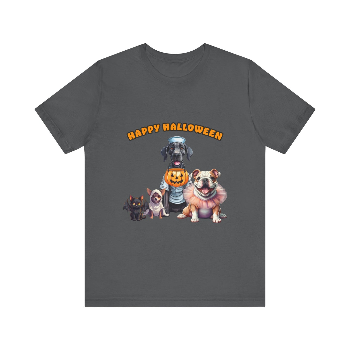 Happy Halloween Pet Parade Shirt – Cute Halloween Dogs and Cat in Costumes. Unisex Jersey Short Sleeve Tee