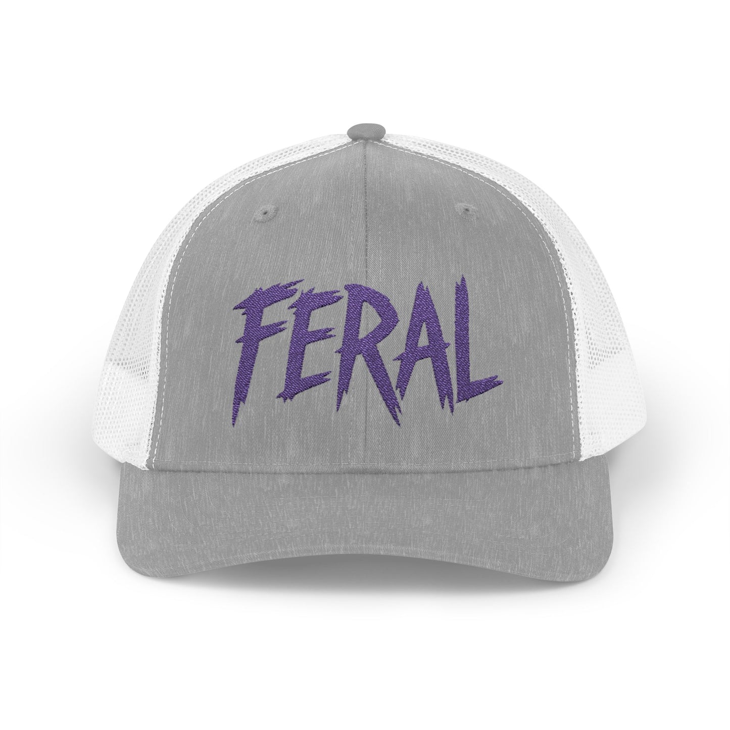 FERAL Embroidered Trucker Hat – Bold Statement Baseball Hat with Wild Energy Font for Rebels, Misfits, and Chaos Enthusiasts. Purple Letters.