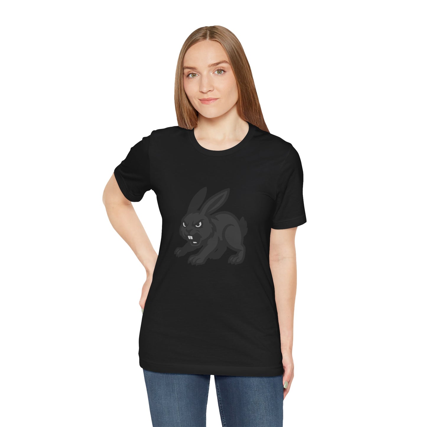 Angry Bunny Graphic T-Shirt – Fierce Black Rabbit Dark Theme Design on Dark Tee for Streetwear, Gym Style, or Bold Animal Aesthetic. Unisex Jersey Short Sleeve Tee