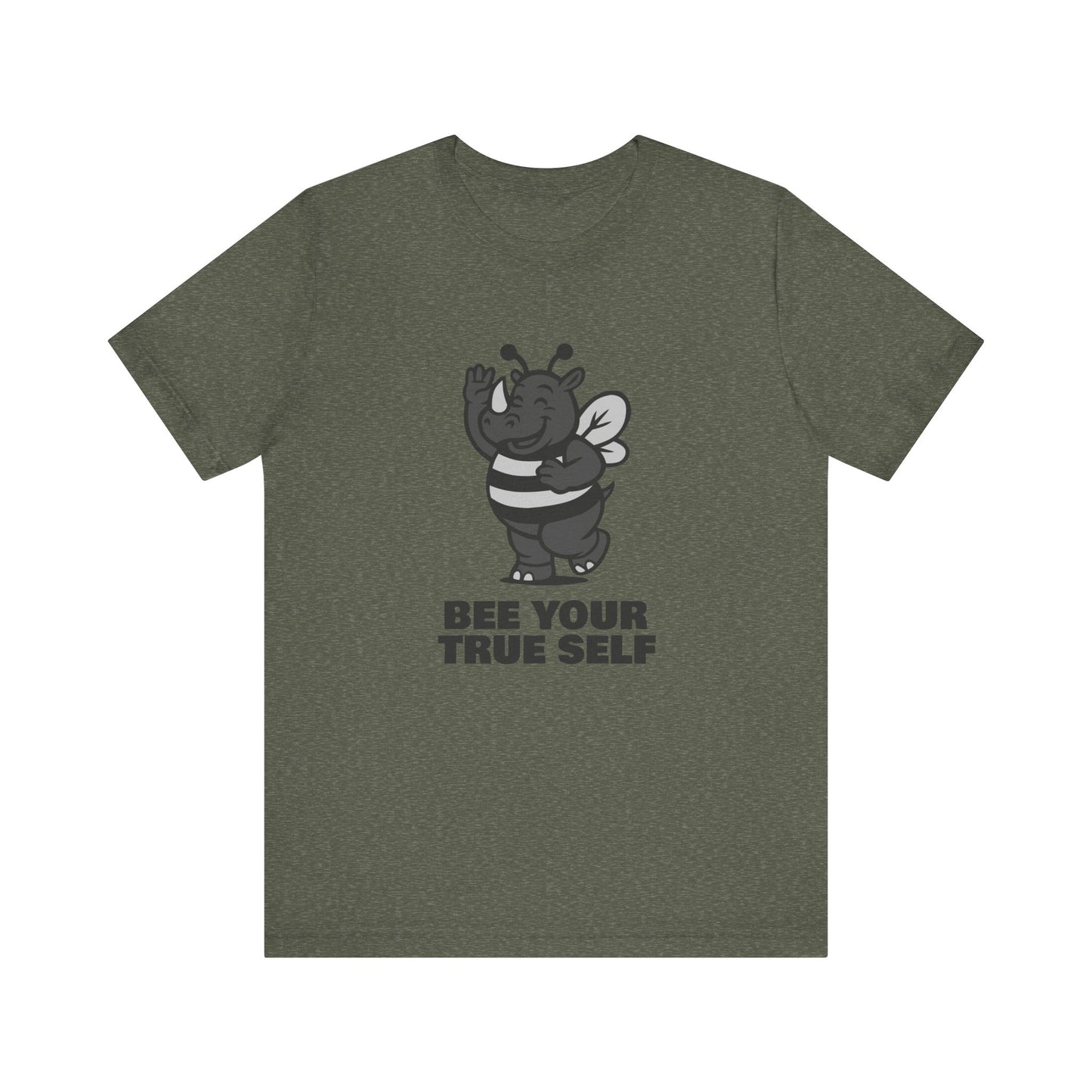Bee Your True Self T-Shirt – Dark Theme Grayscale Rhino in Bee Costume on Black Tee with Wholesome Humor and Self-Expression Message. Unisex Jersey Short Sleeve Tee
