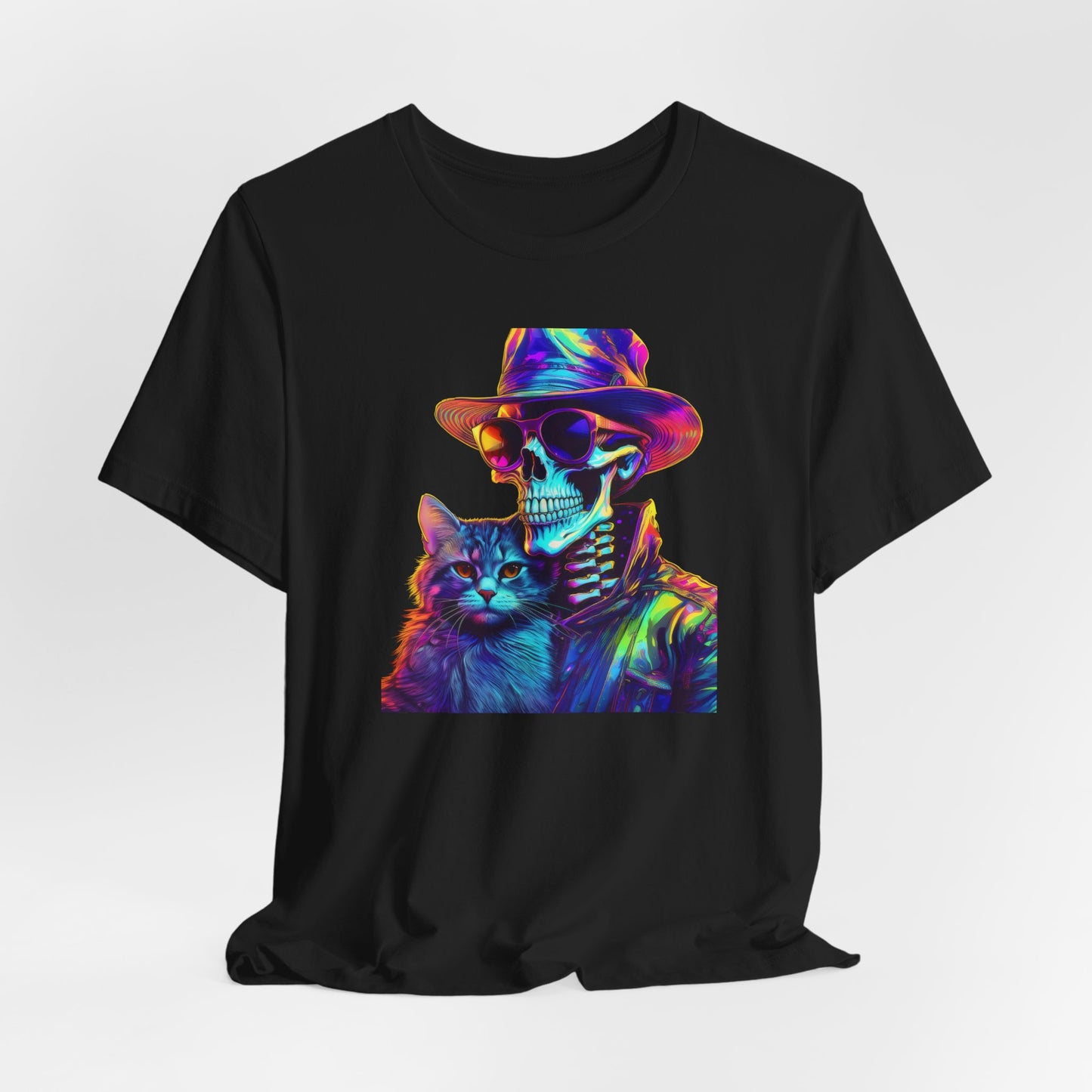 Cool Skeleton and Cat Halloween Shirt – Neon Retro Horror Graphic Tee for Spooky Style and Cat Lovers