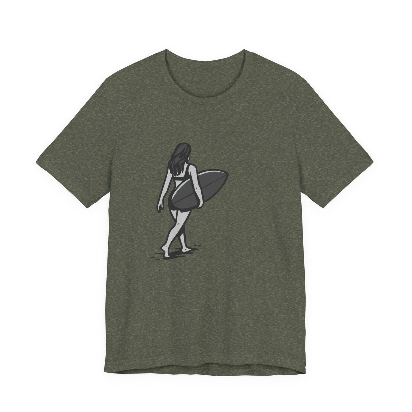 Surfer Girl Walking Graphic T-Shirt – Dark Theme Grayscale Beach Scene on Black Tee with Coastal Calm and Modern Ghost Effect. Unisex Jersey Short Sleeve Tee