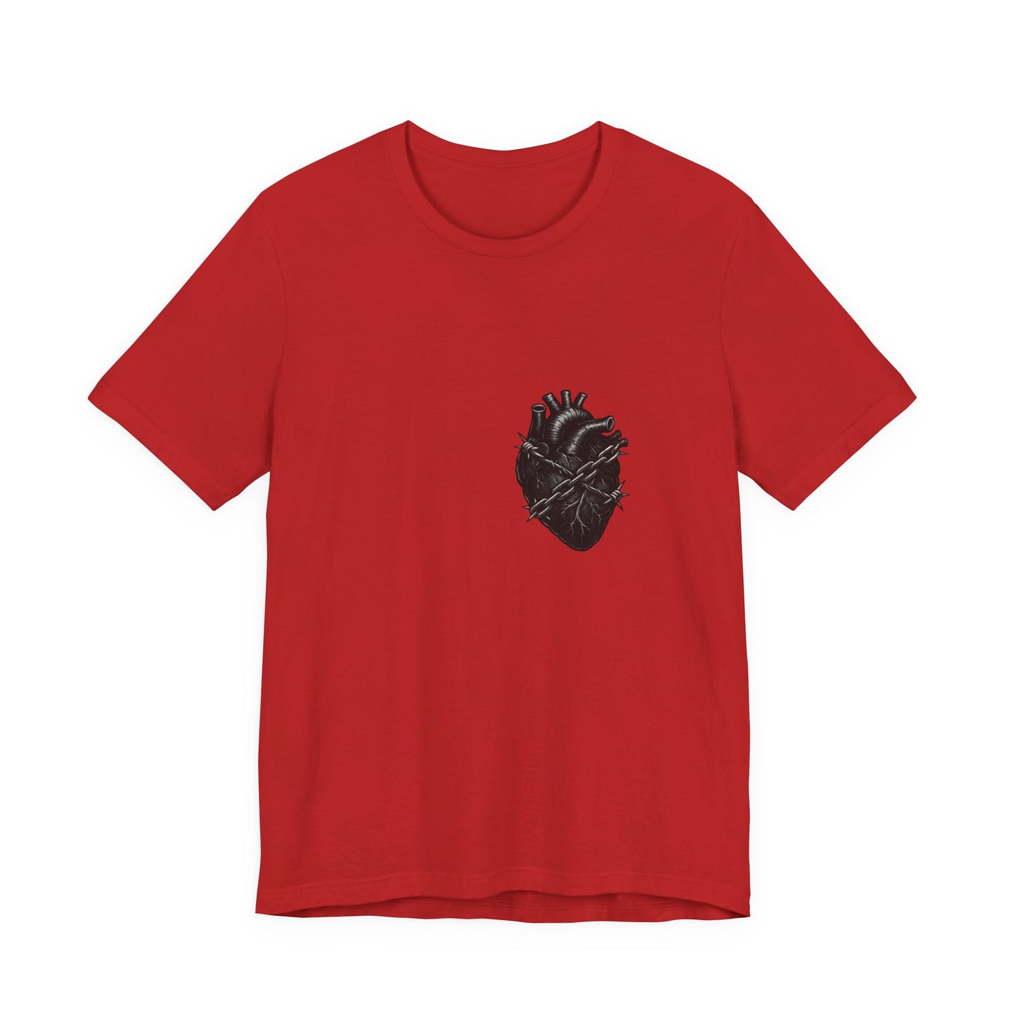 Heart in Chains Shirt – Dark Theme Anatomical Heart Wrapped in Barbed Wire and Commitment Issues. Unisex Jersey Short Sleeve Tee