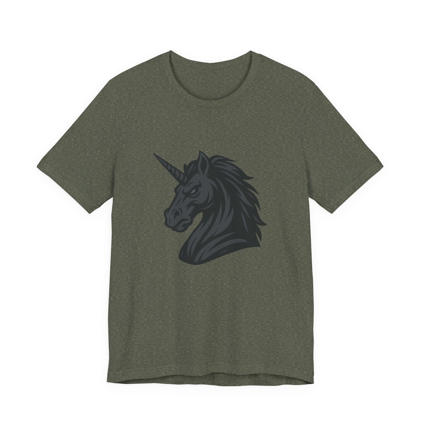 Dark Unicorn Profile T-Shirt – Dark Theme Grayscale Fierce Mythical Horse Design on Black Tee with Gothic Magic and Modern Ghost Effect. Unisex Jersey Short Sleeve Tee