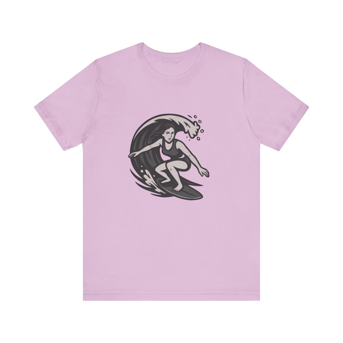 Surf Girl Graphic T-Shirt – Dark Theme Grayscale Female Surfer Riding Wave on Black Tee with Flow State Energy and Modern Ghost Effect. Unisex Jersey Short Sleeve Tee