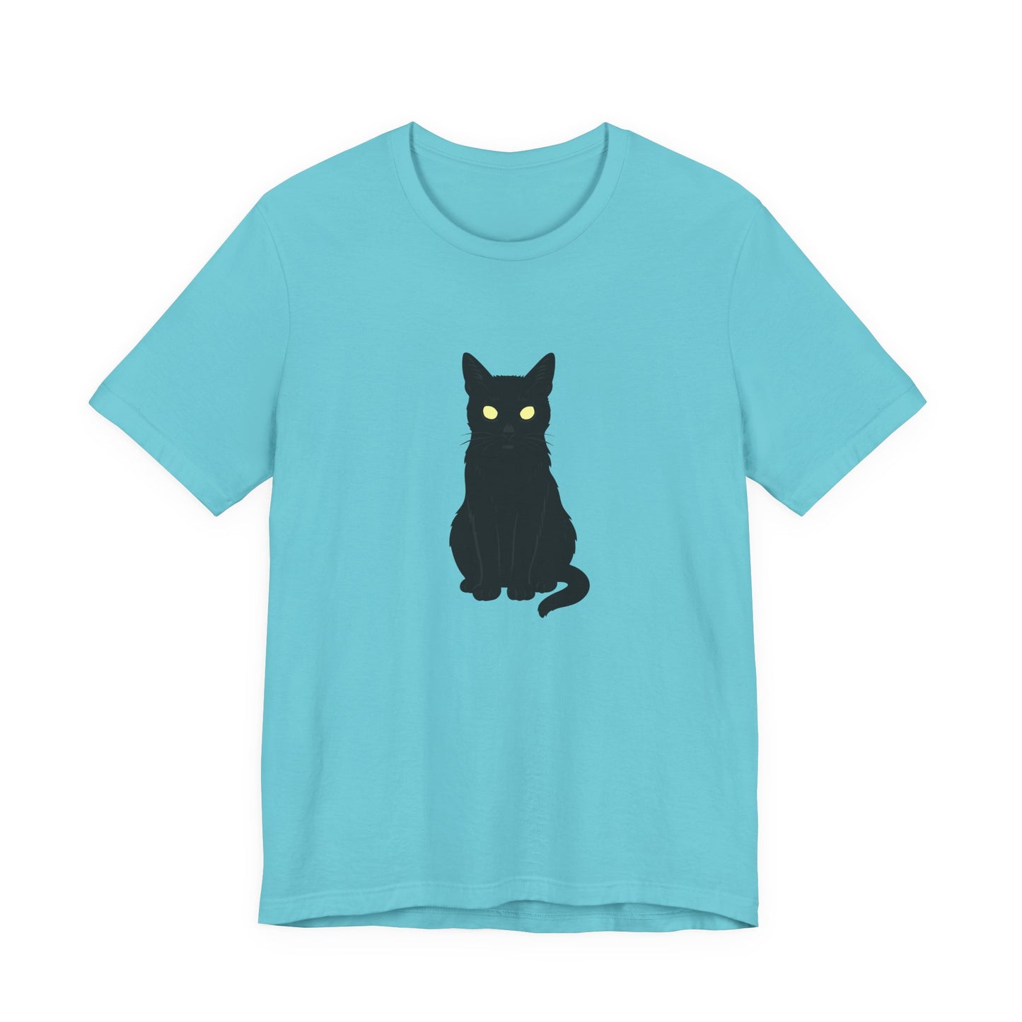 Glowing-Eyed Black Cat Shirt – Dark Theme Feline Stare for Maximum Spook and Minimal Effort. Unisex Jersey Short Sleeve Tee