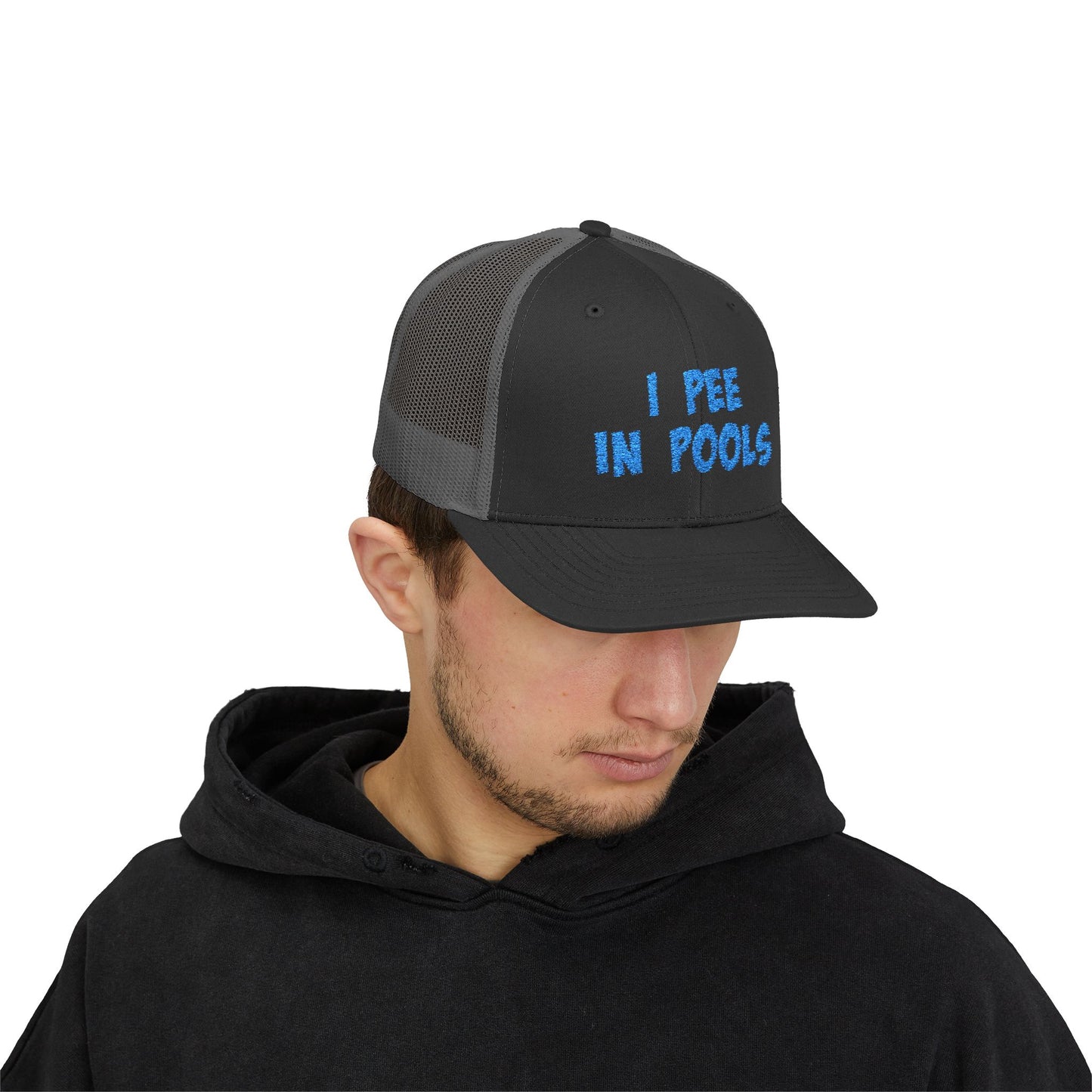 I Pee In Pools Trucker Hat – Funny Hat with Bold Blue Text for Lifeguard Terrors and Poolside Menaces