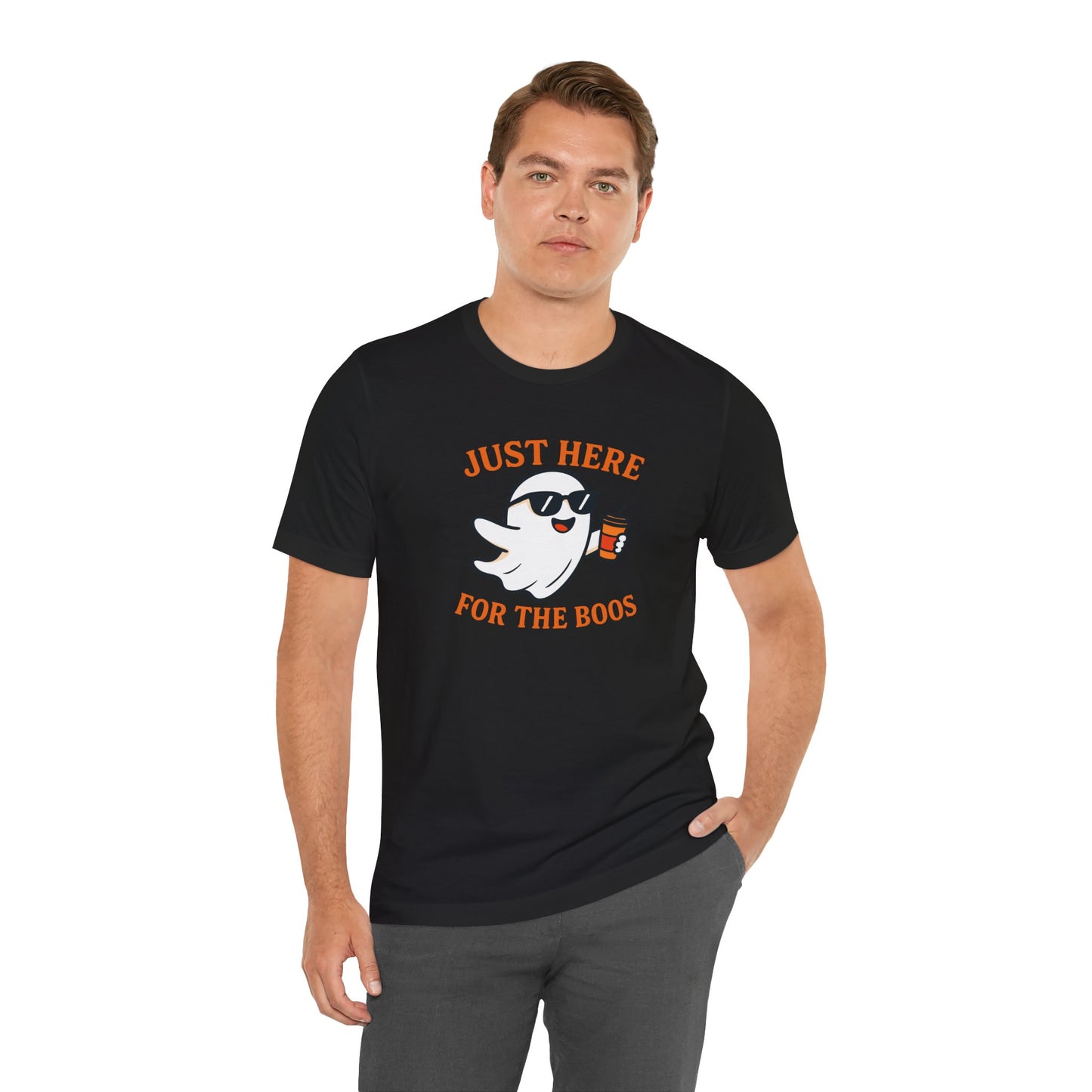 Just Here for the Boos Halloween Shirt – Funny Ghost Drinking Coffee Graphic Tee for Spooky Season