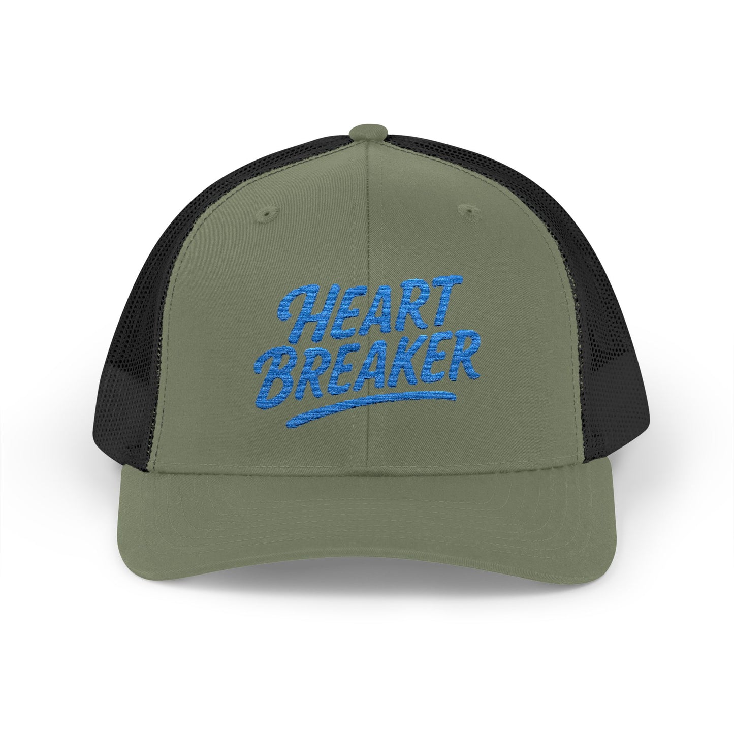 Heartbreaker Trucker Hat – Bold Baseball Hat with Retro Script and Broken Heart Design for Confident Rule-Breakers. Blue Letters