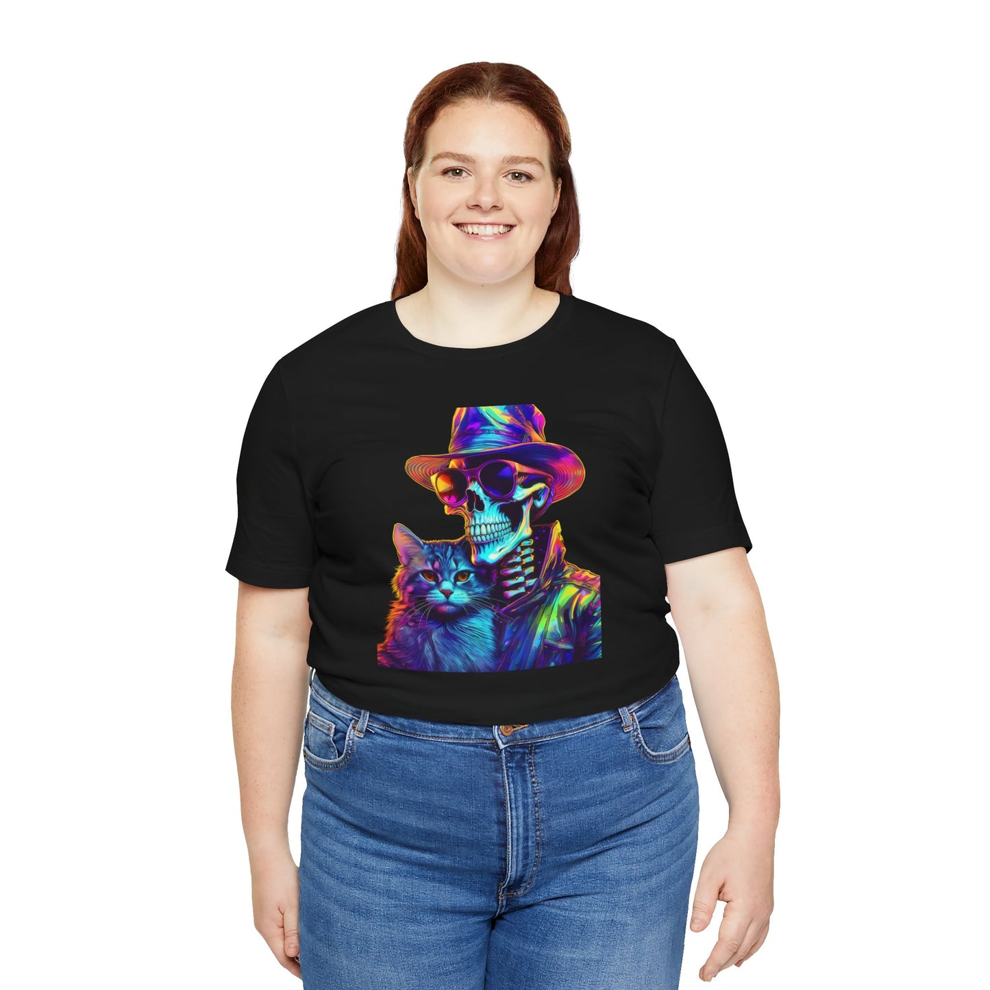 Cool Skeleton and Cat Halloween Shirt – Neon Retro Horror Graphic Tee for Spooky Style and Cat Lovers