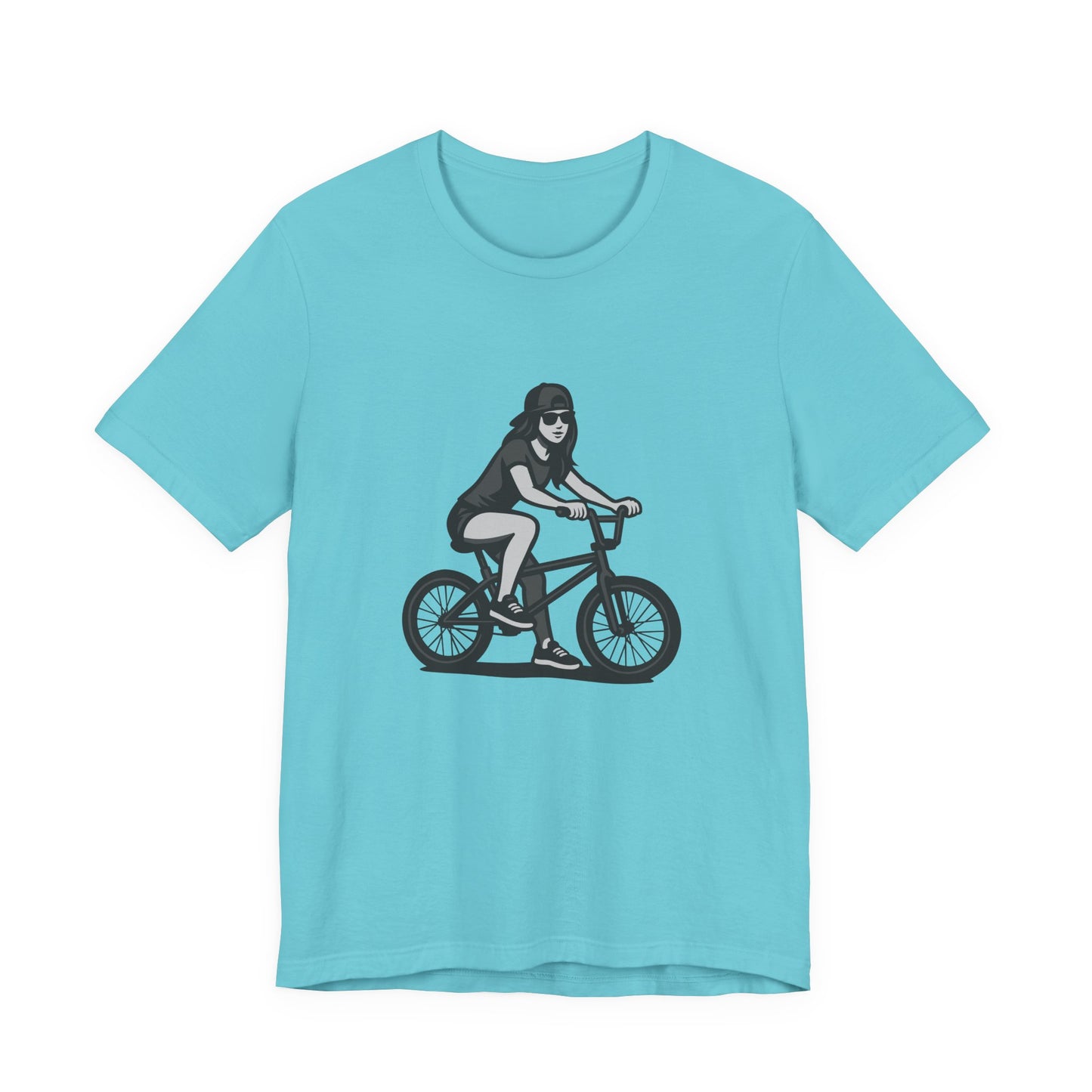 Cool Girl on Bike Graphic T-Shirt – Laid-Back Dark Theme Grayscale Rider Design on Black Tee with Street Style and Subtle Modern Ghost Effect. Unisex Jersey Short Sleeve Tee