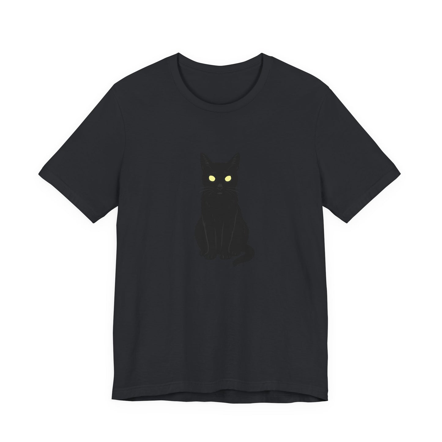 Glowing-Eyed Black Cat Shirt – Dark Theme Feline Stare for Maximum Spook and Minimal Effort. Unisex Jersey Short Sleeve Tee