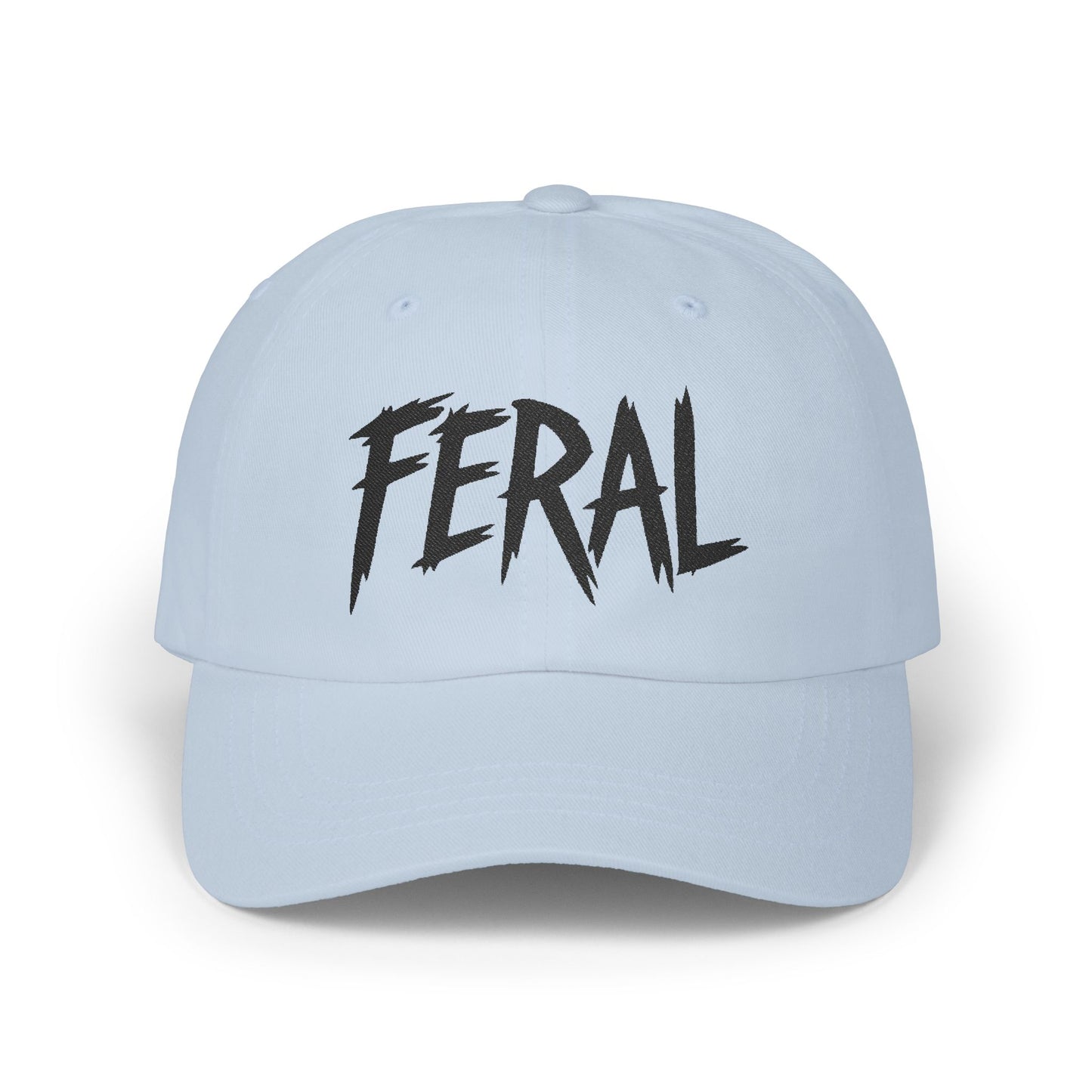 FERAL Embroidered Classic Dad Hat – Bold Statement Baseball Hat with Wild Energy Font for Rebels, Misfits, and Chaos Enthusiasts.