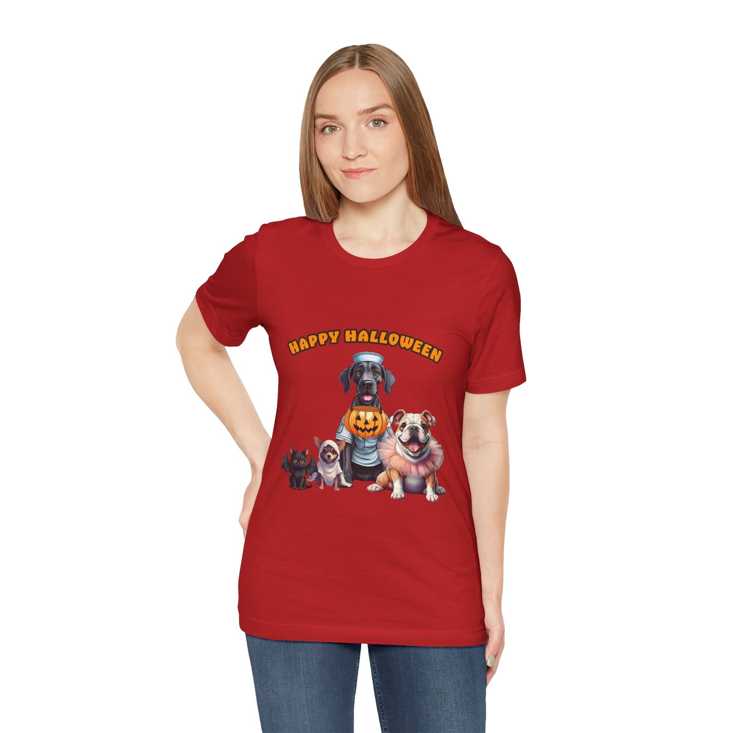 Happy Halloween Pet Parade Shirt – Cute Halloween Dogs and Cat in Costumes. Unisex Jersey Short Sleeve Tee