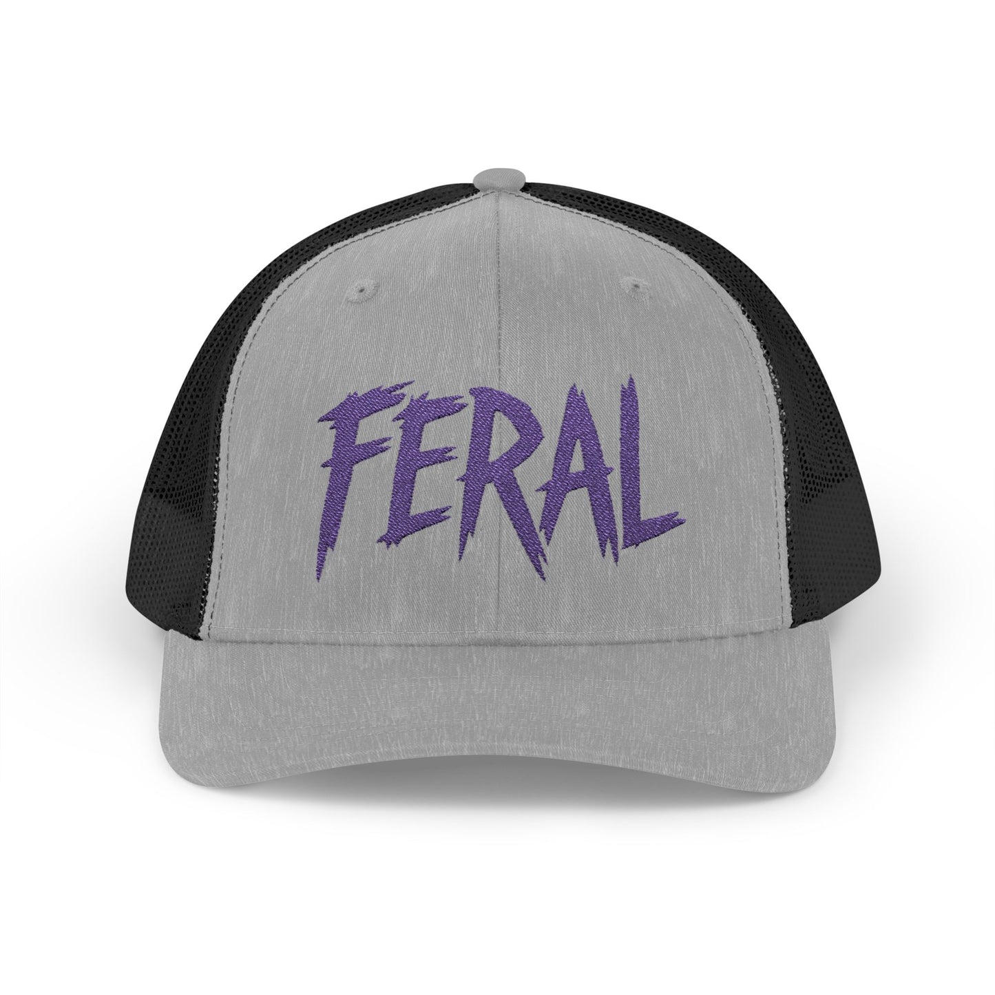FERAL Embroidered Trucker Hat – Bold Statement Baseball Hat with Wild Energy Font for Rebels, Misfits, and Chaos Enthusiasts. Purple Letters.