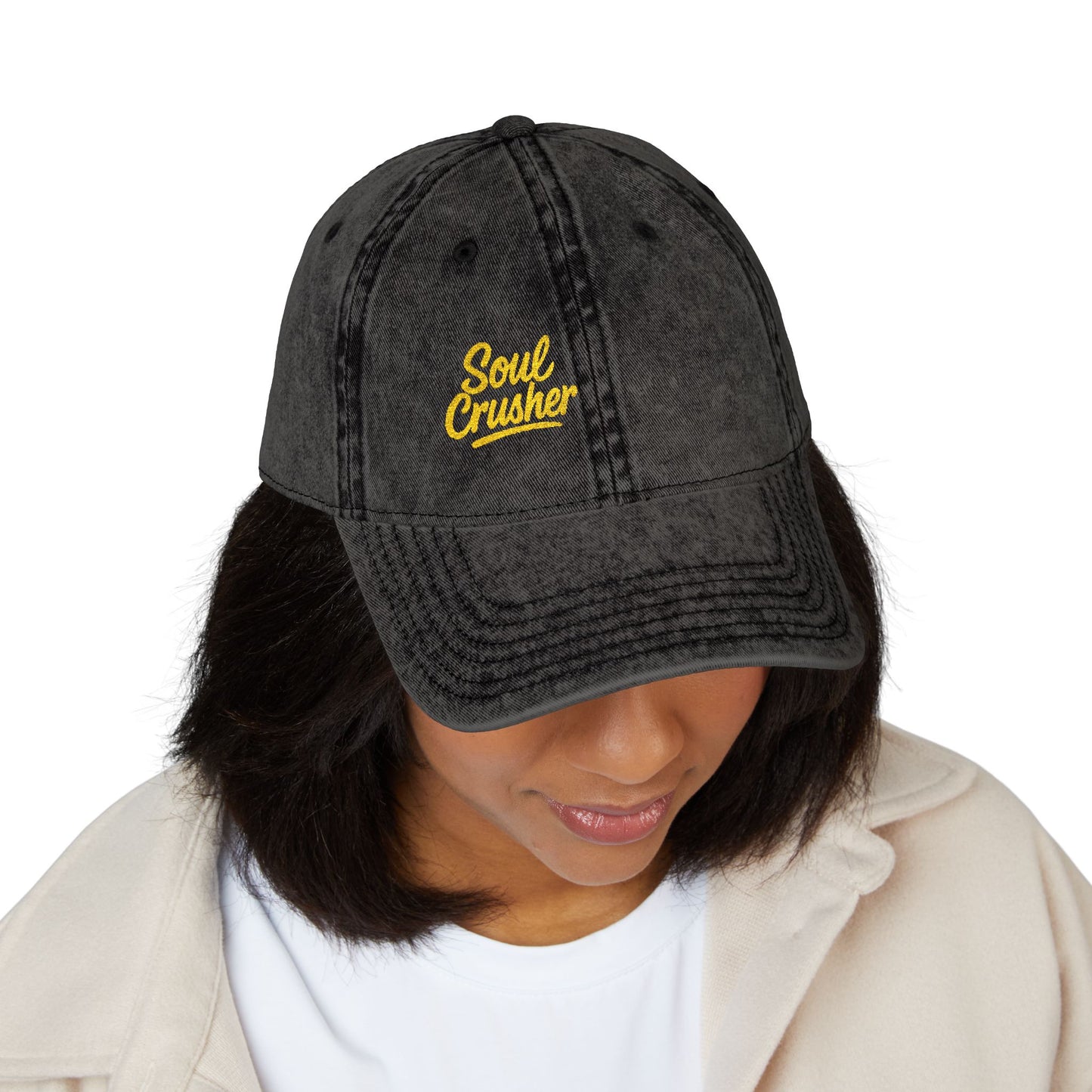 Soul Crusher Vintage Hat – Clean Script Hat with Bold Edge for Heartbreakers, Villains, and Power Moves